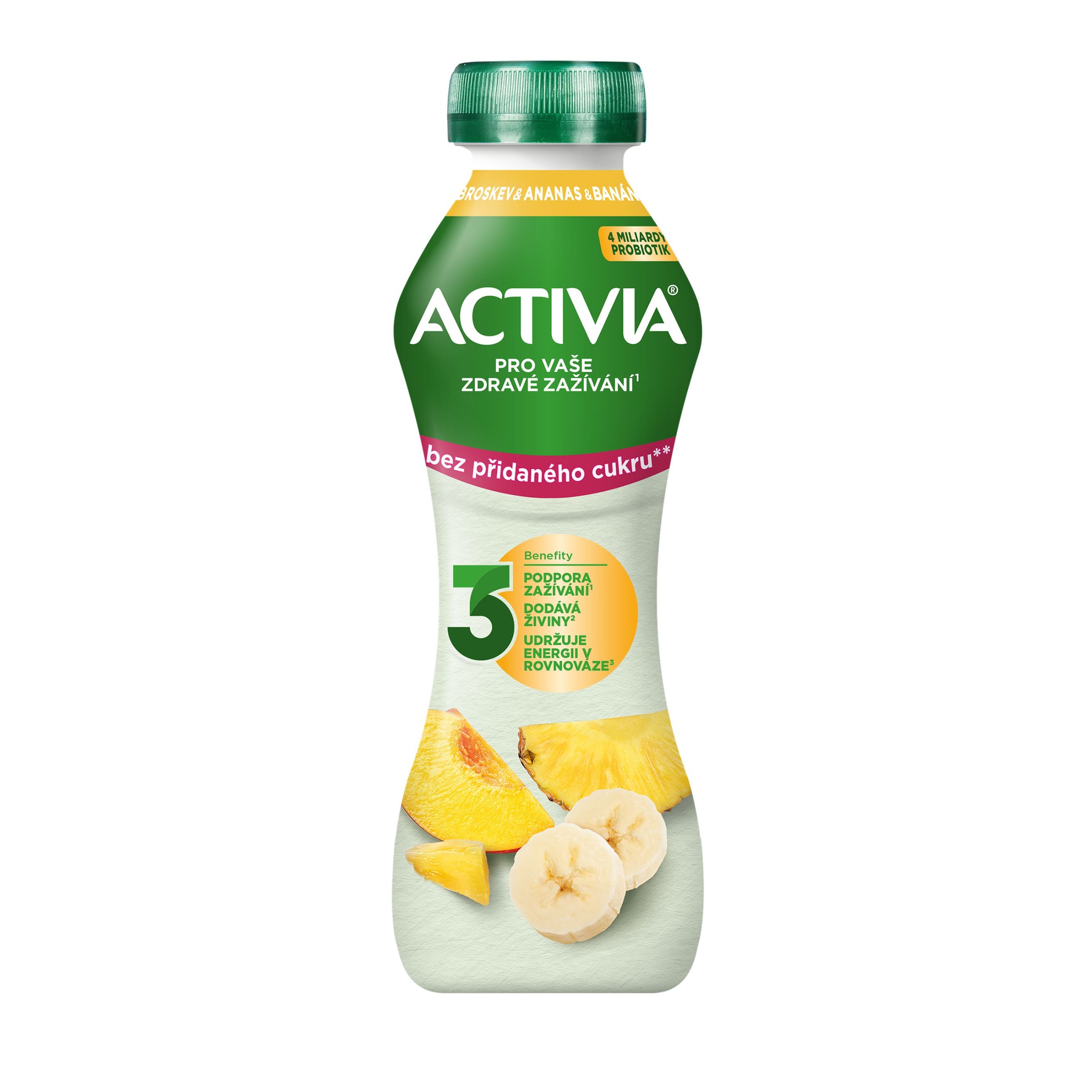 Mléčné a chlazené - Activia zakysaný nápoj s bifidokultuou broskev/ananas/banán bez přid. cukru 270g