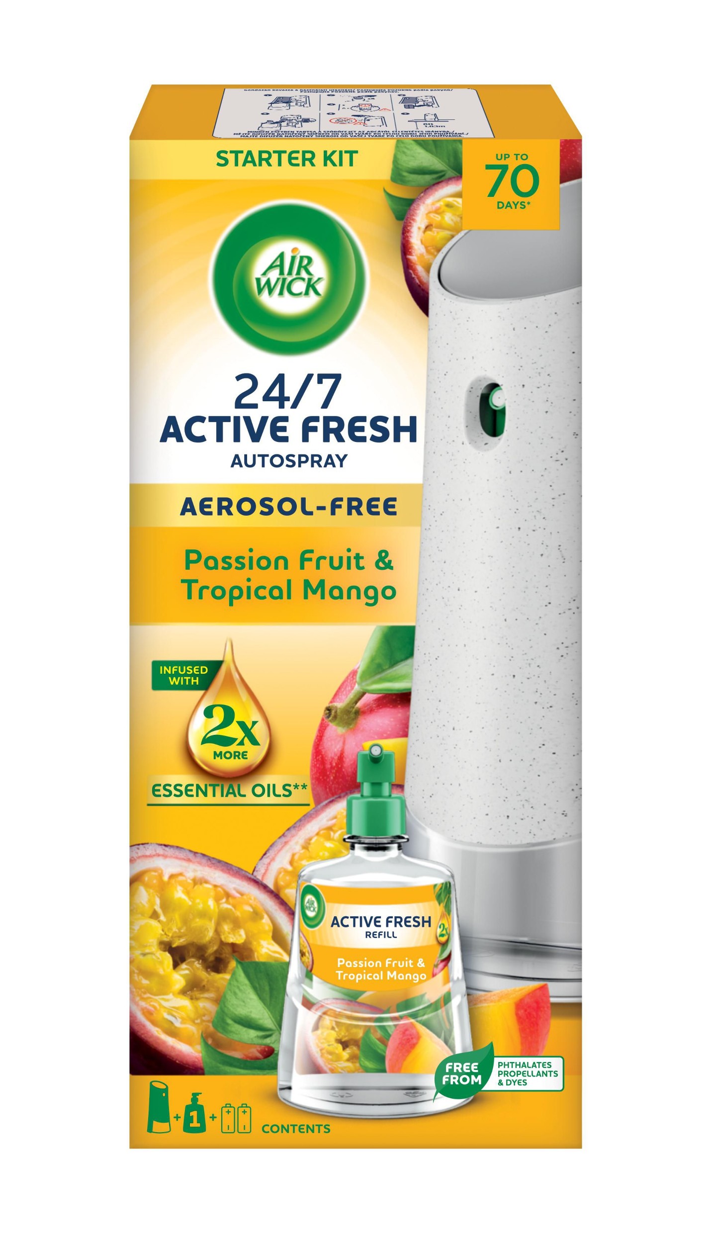 Drogerie a kosmetika - Air Wick Active Fresh automatický difuzér a náplň na vodní bázi  – Maracuja a tropické mango 1 balení