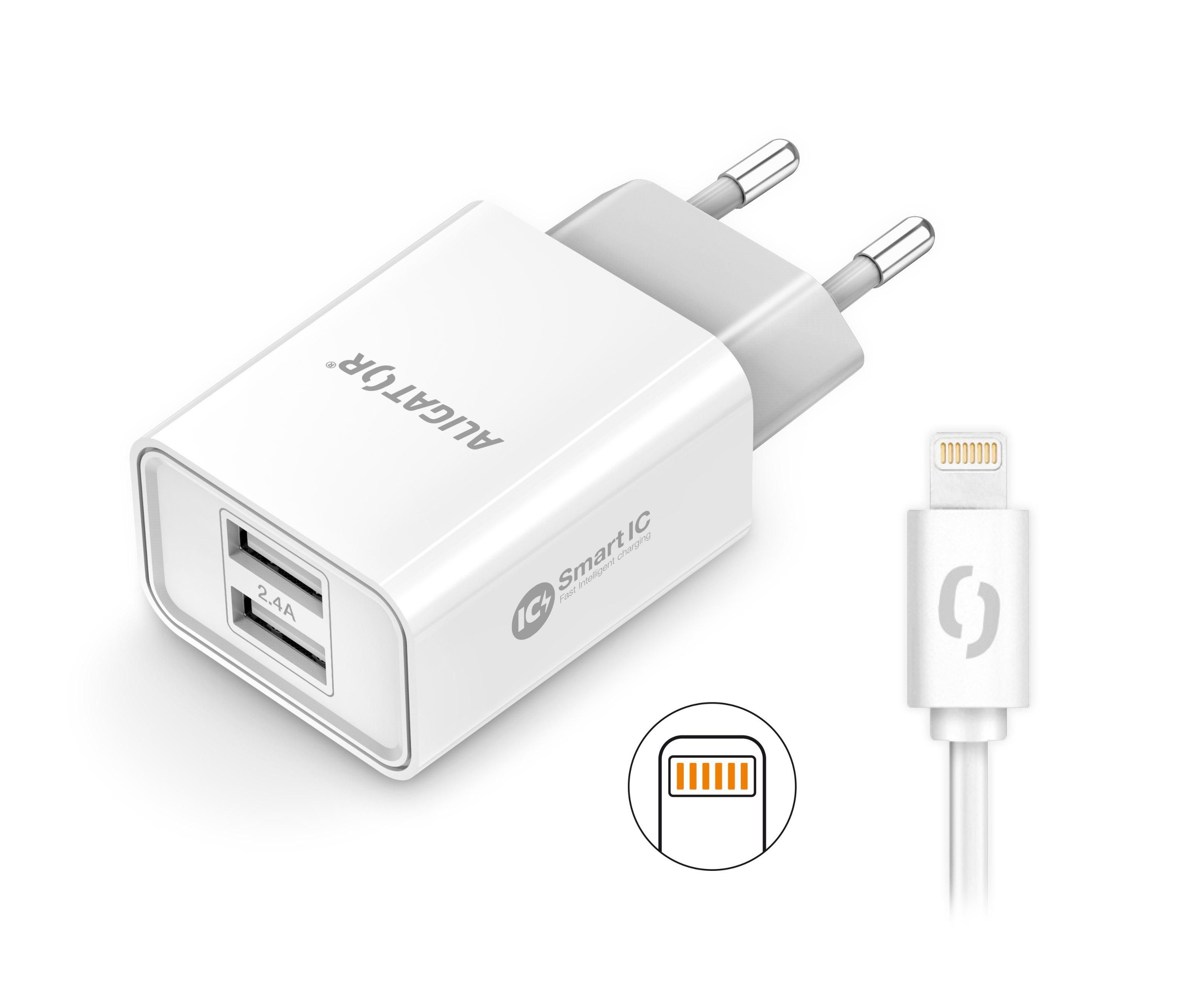 Elektro - Aligator Chytrá síťová nabíječka 2.4A, 2xUSB, smart IC, bílá, kabel pro iPhone/iPad 2A
