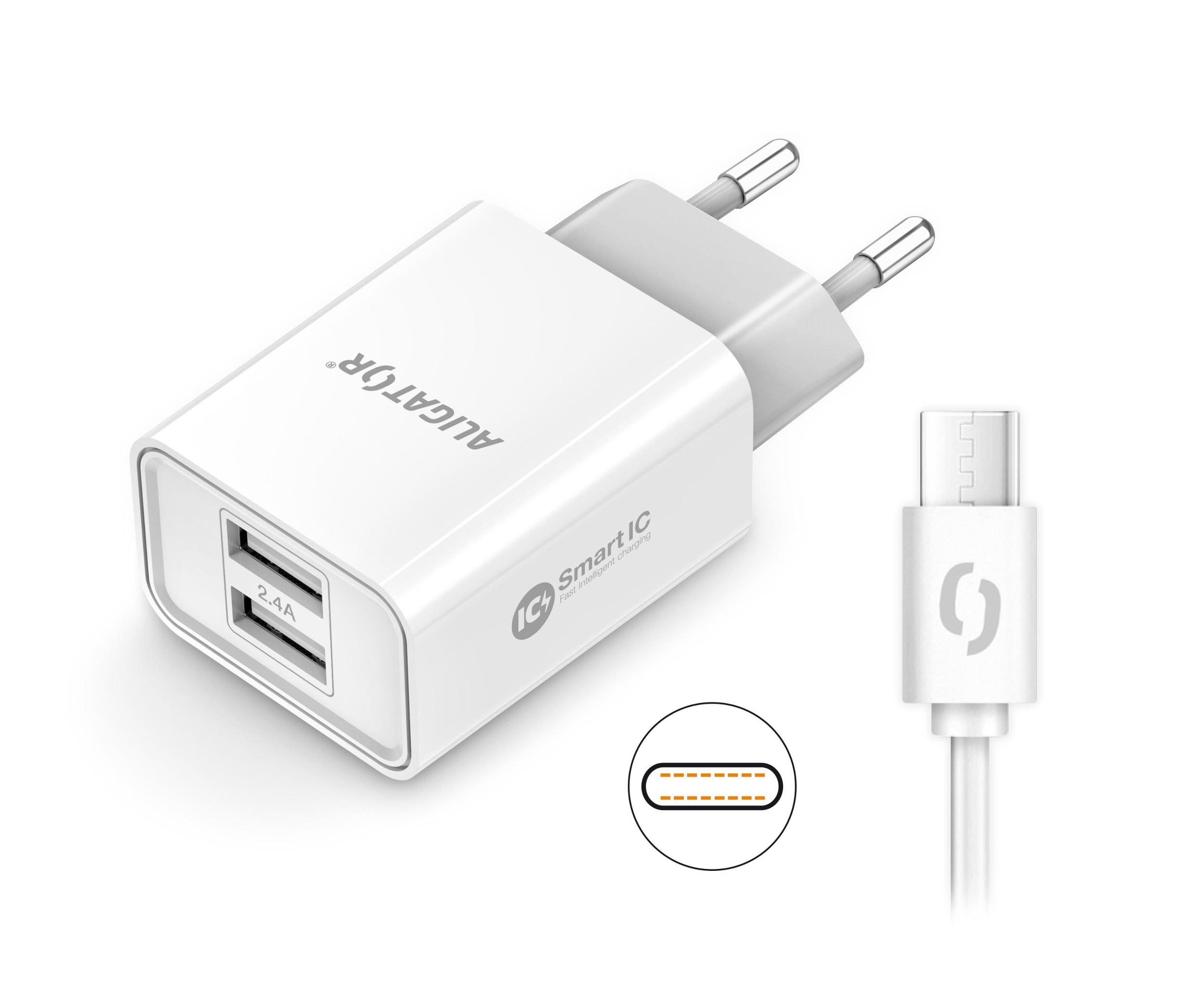 Elektro - Aligator Chytrá síťová nabíječka 2.4A, 2xUSB, smart IC, bílá, USB-C kabel 2A