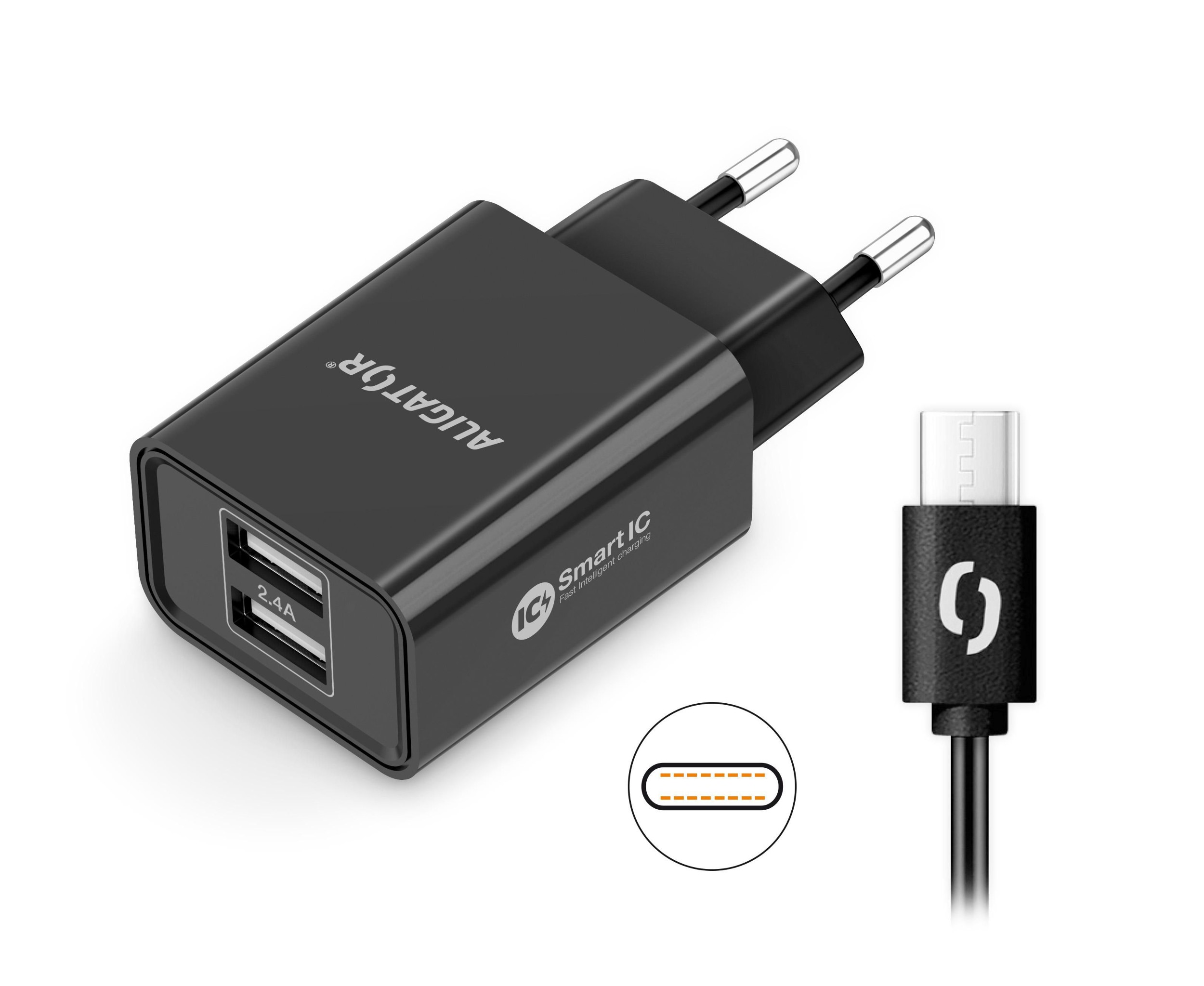 Elektro - Aligator Chytrá síťová nabíječka 2.4A, 2xUSB, smart IC, černá, USB-C kabel 2A