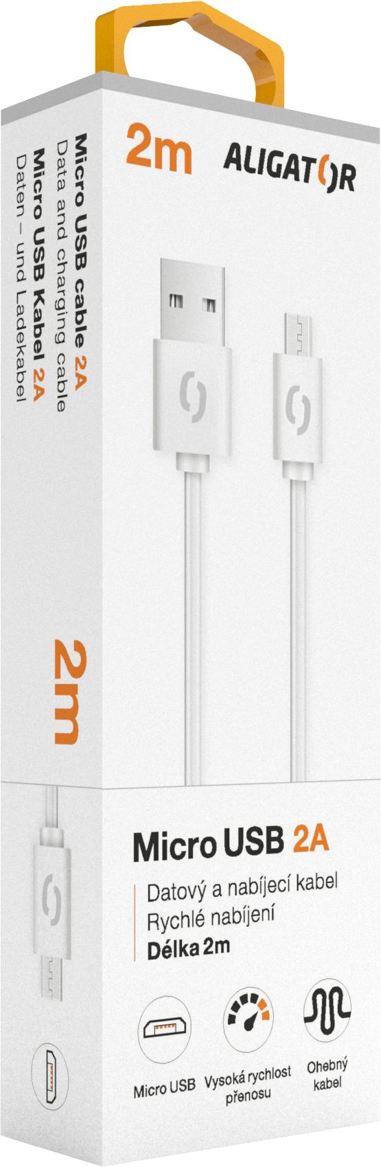 Elektro - Aligator Datový kabel 2A micro USB 2m, bílý