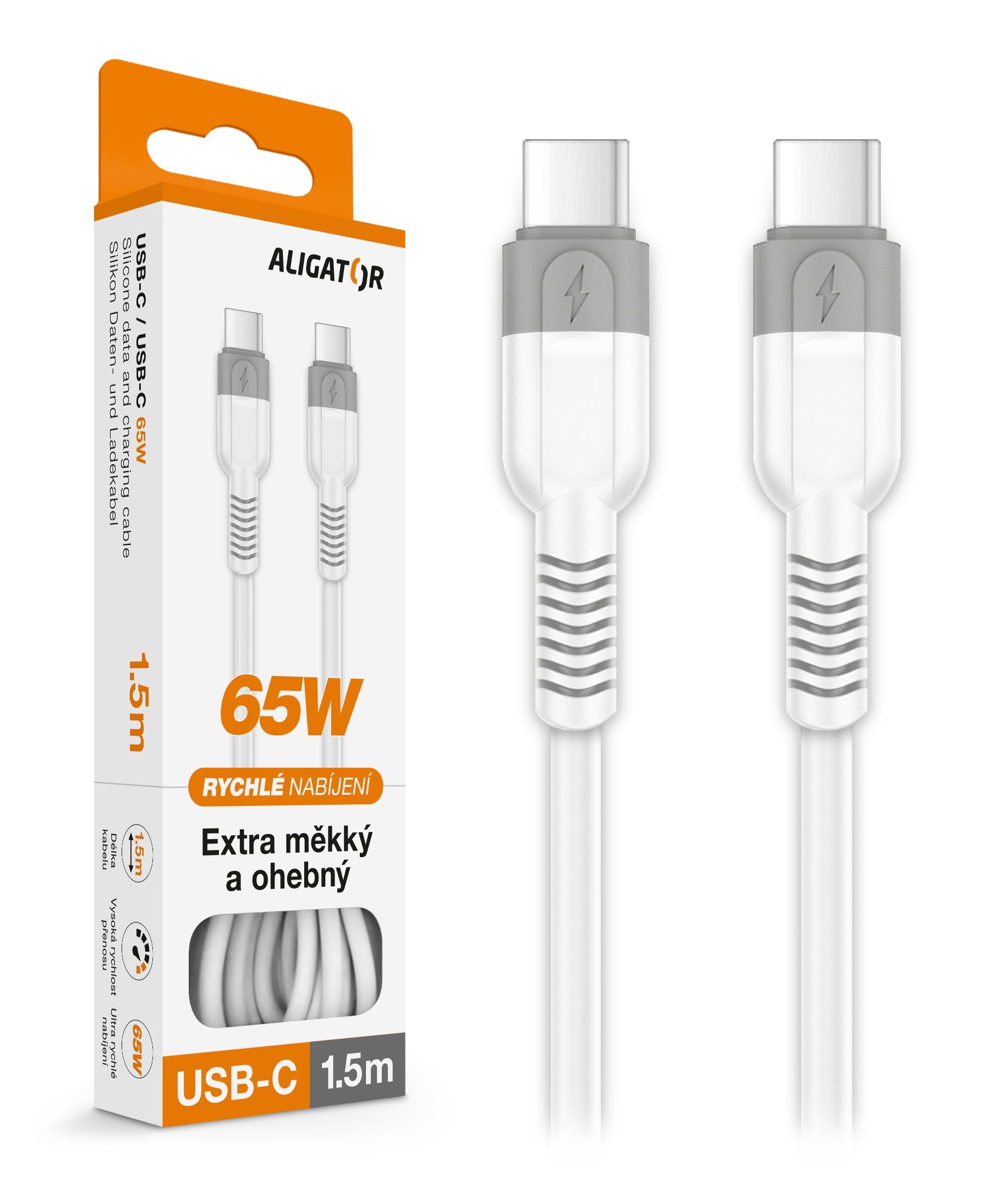 Elektro - Aligator Datový kabel SoftPastels 3A 65W, USB-C/USB-C, bílý