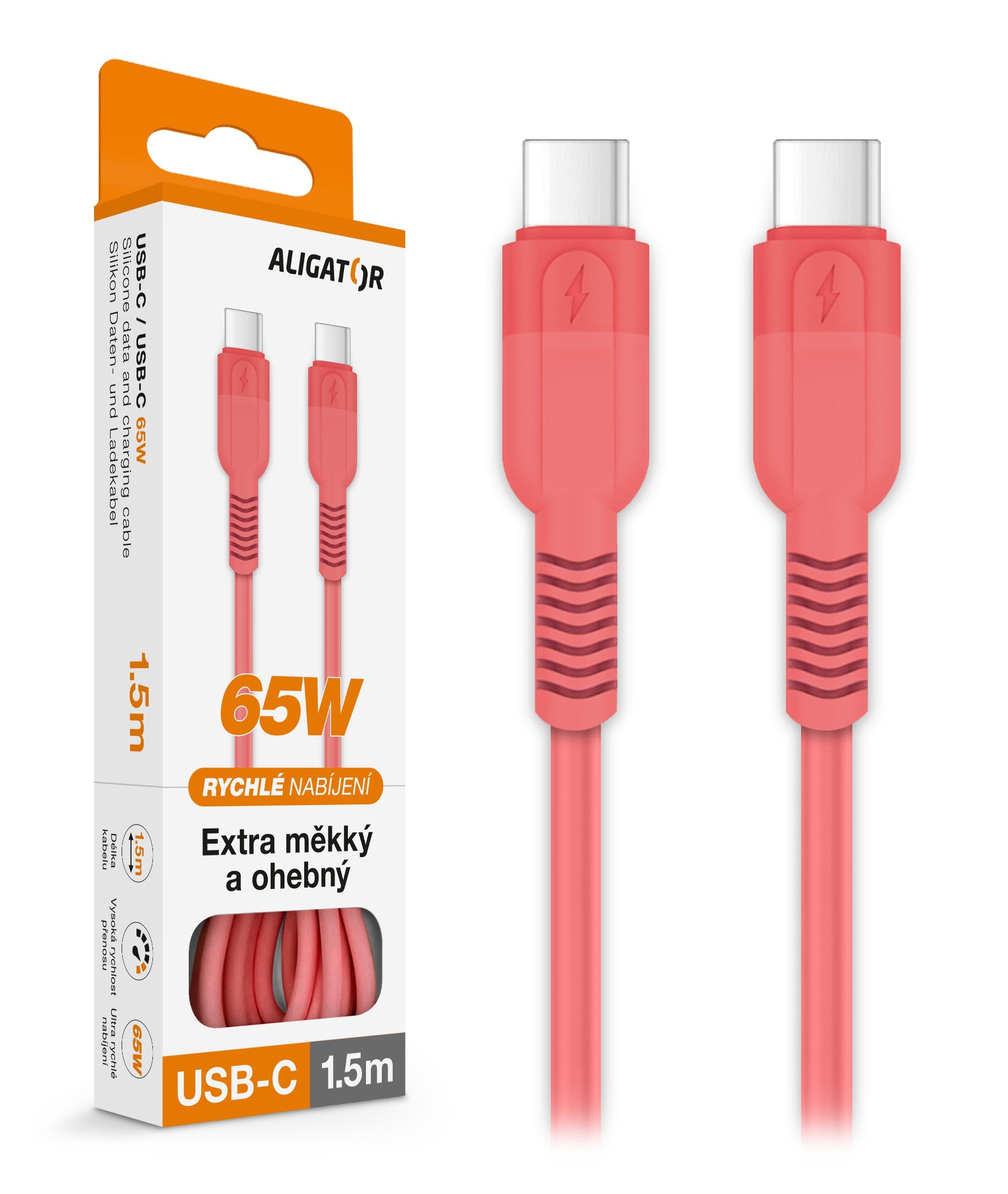 Elektro - Aligator Datový kabel SoftPastels 3A 65W, USB-C/USB-C, růžová