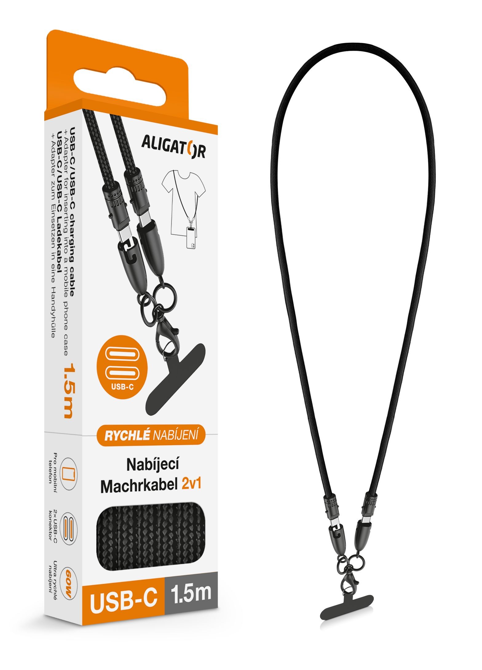 Elektro - Aligator Machšňůra 3A 60W, USB-C/USB-C, černá