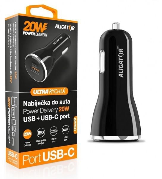 Elektro - Aligator Nabíječka do auta Power Delivery 20W USB + USB-C černá