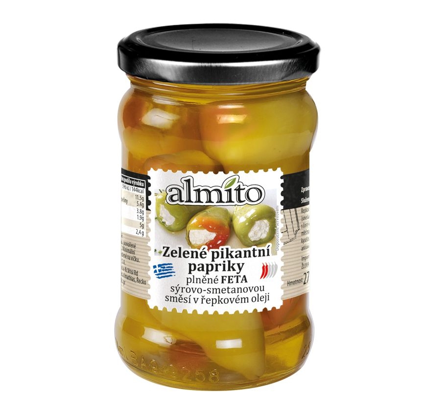 Trvanlivé potraviny - Almíto Pikantní zelené papriky plněné sýrem feta 270g