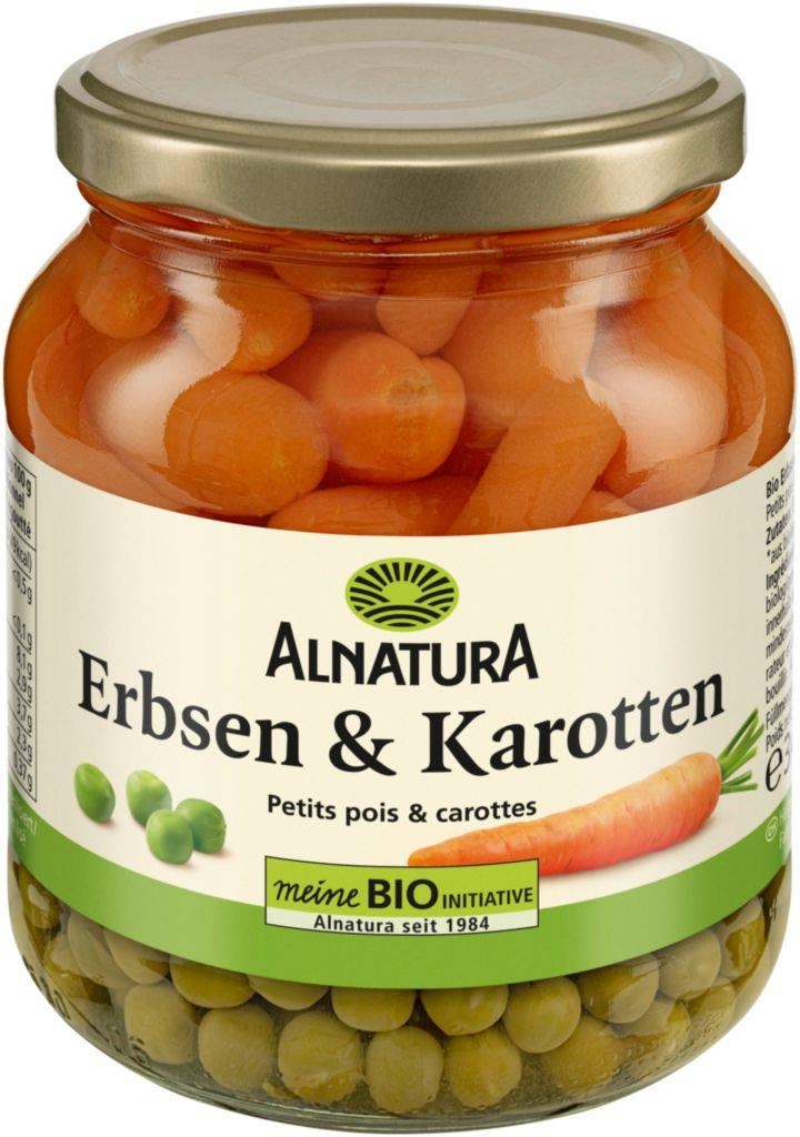 Trvanlivé potraviny - Alnatura Bio hrášek s mrkví v nálevu 340g