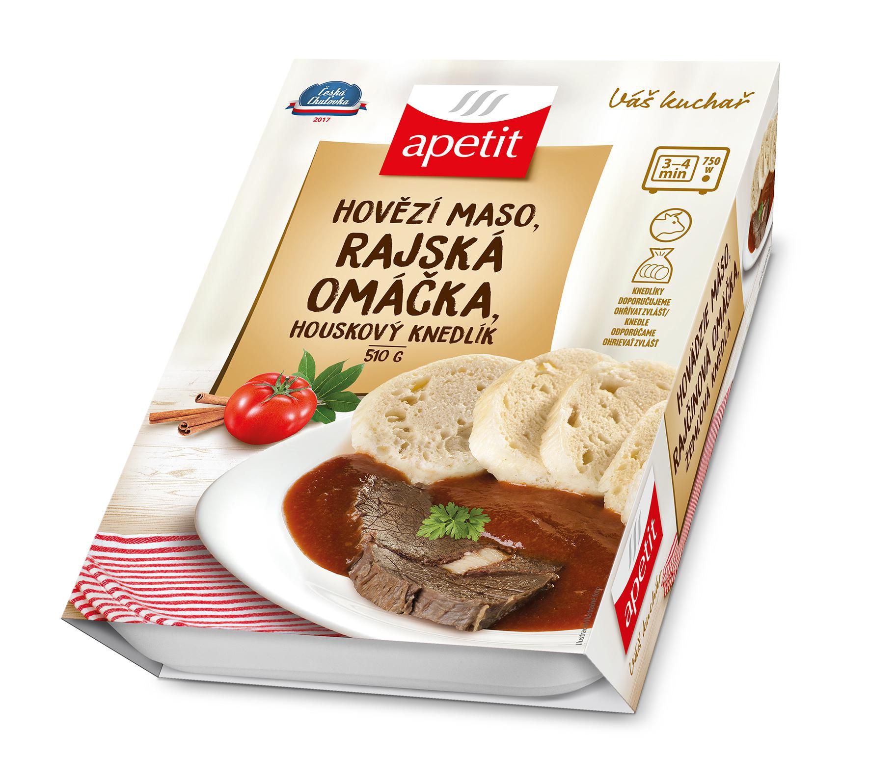 Hotová jídla - Apetit Hovězí maso s rajskou omáčkou, houskový knedlík 510g
