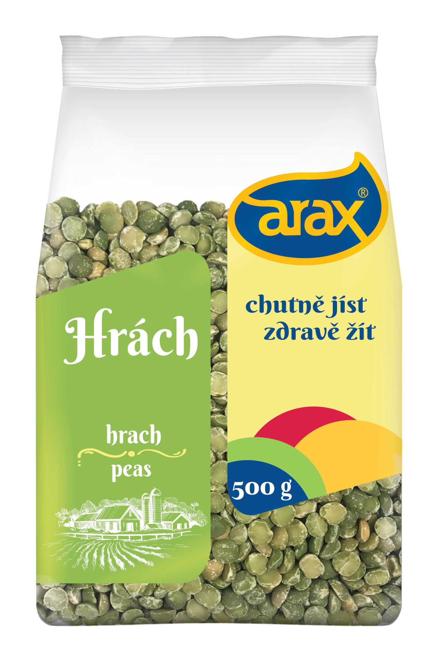Trvanlivé potraviny - Arax Hrách zelený půlený loupaný 500 g