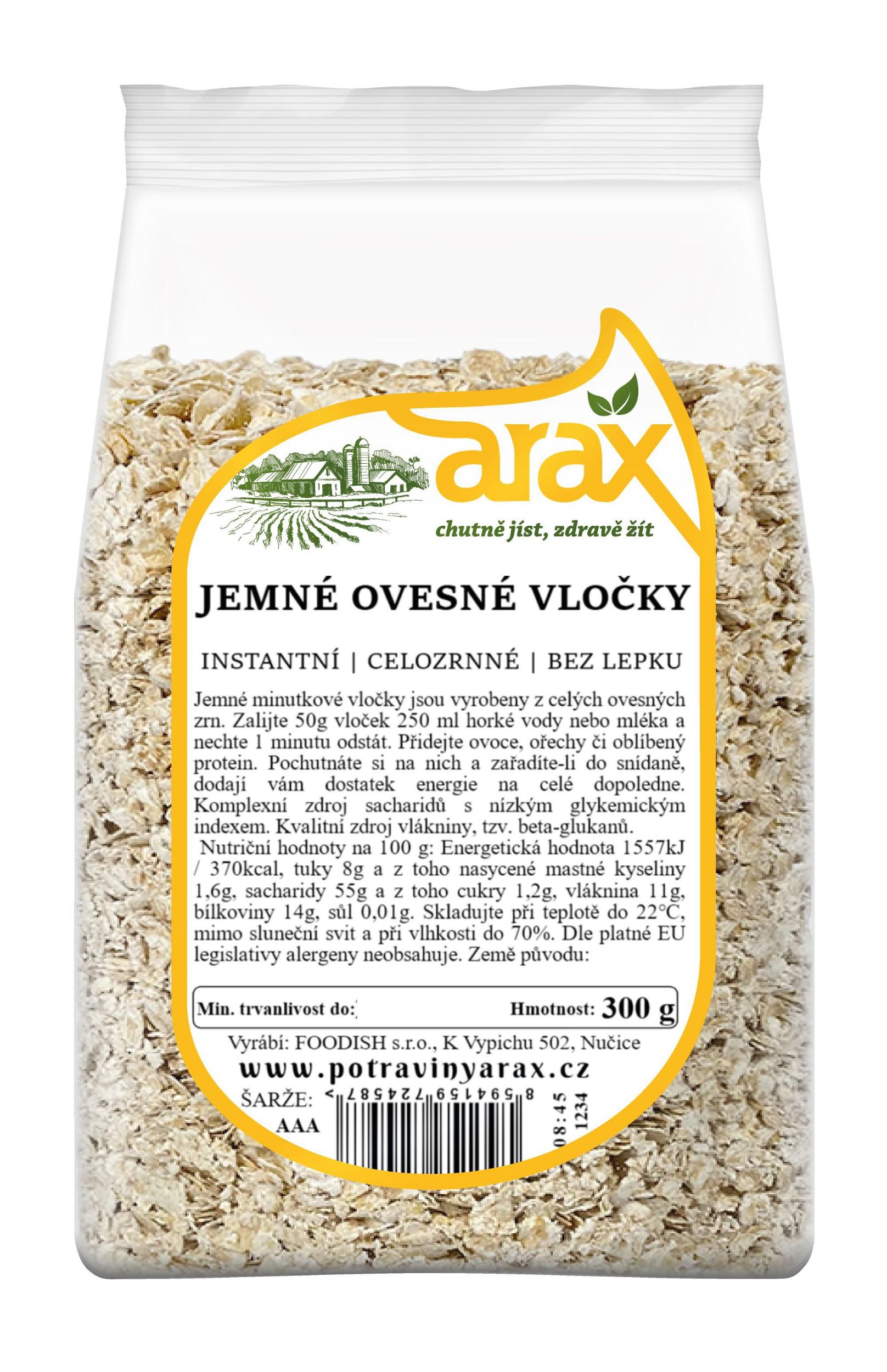 Zdravý svět - ARAX Ovesné vločky bezlepkové jemné, celozrnné instantní 300g