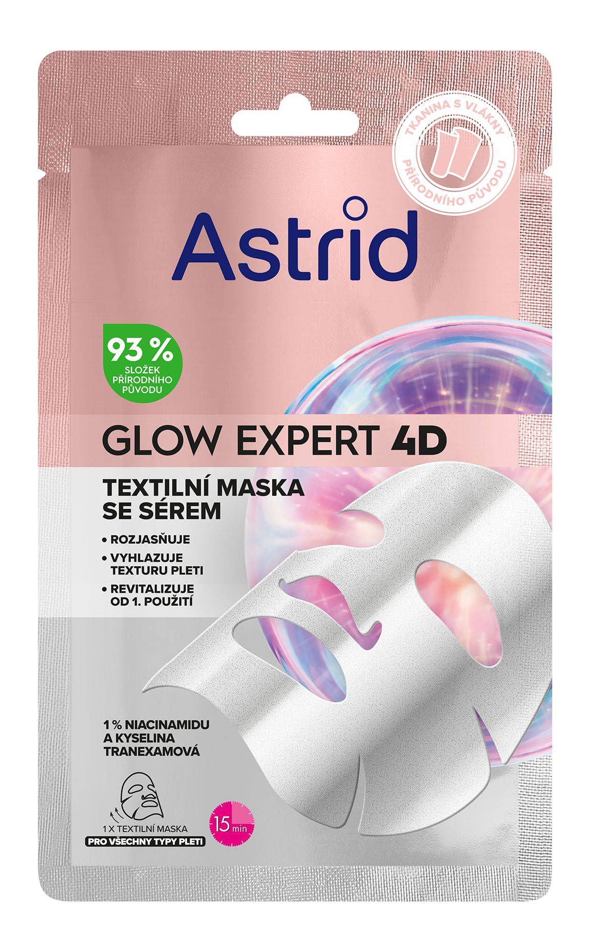 Drogerie a kosmetika - Astrid Glow Expert Stříbrná textilní maska pro rozjasnění a vyhlazení pleti s niacinamidem a kyselinou tranexamovou 1ks