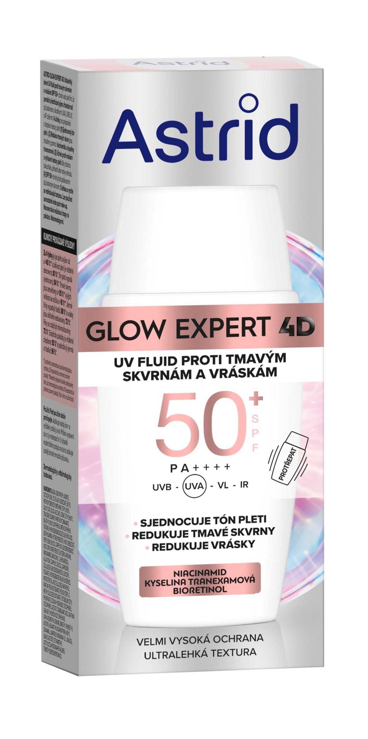 Drogerie a kosmetika - Astrid Glow Expert Ultralehký vyplňující denní UV fluid proti tmavým skvrnám a vráskám SPF50 50ml