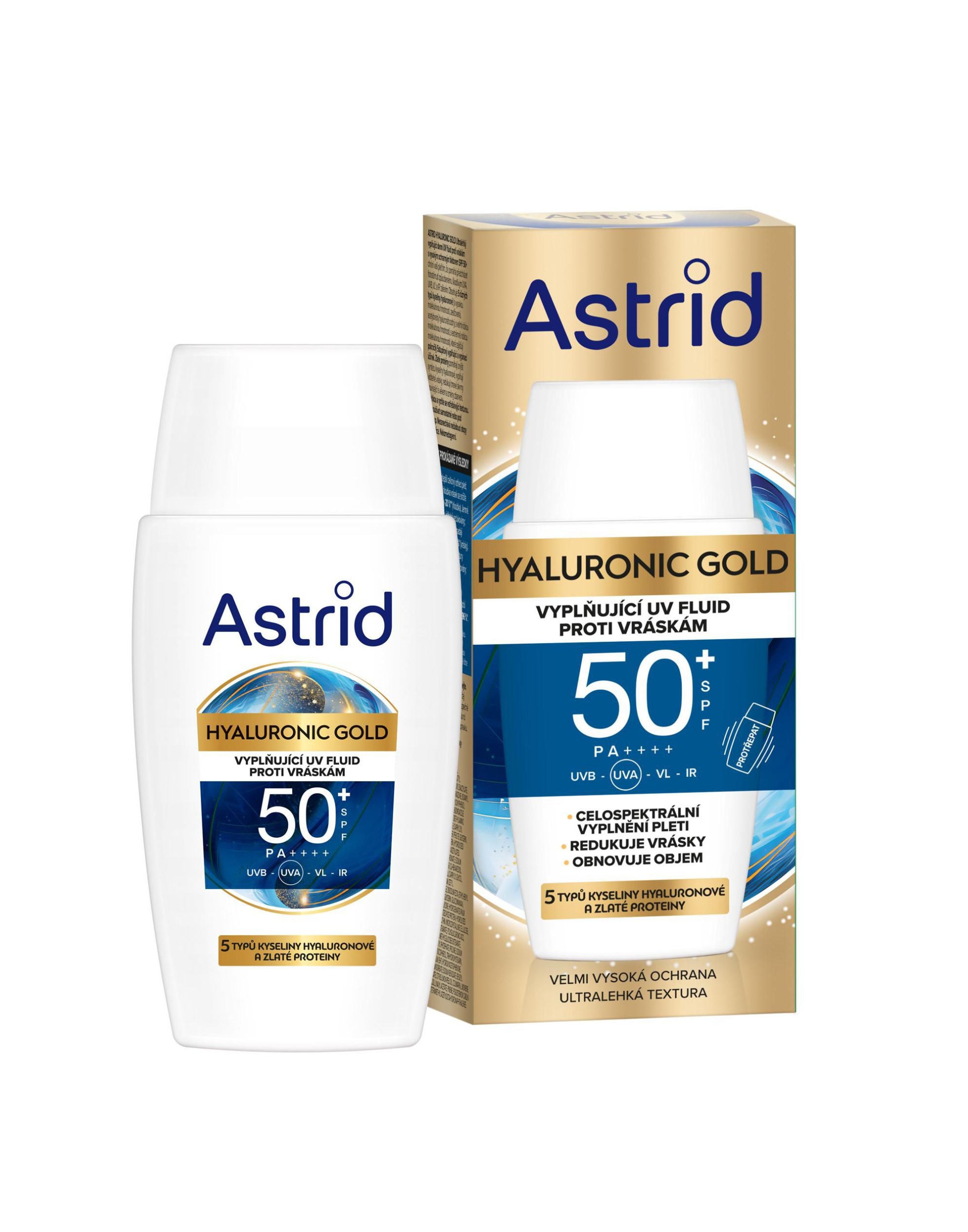 Drogerie a kosmetika - Astrid Hyaluronic Gold Ultralehký vyplňující denní UV fluid proti vráskám SPF50 50ml