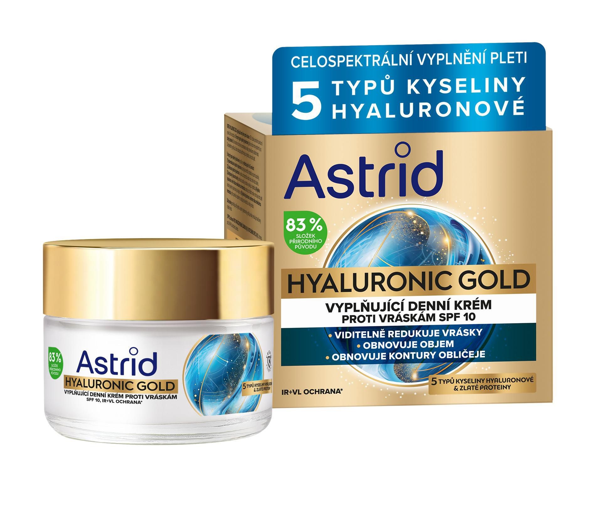 Drogerie a kosmetika - Astrid Hyaluronic Gold Vyplňující denní krém proti vráskám se zlatými proteiny SPF10 50ml