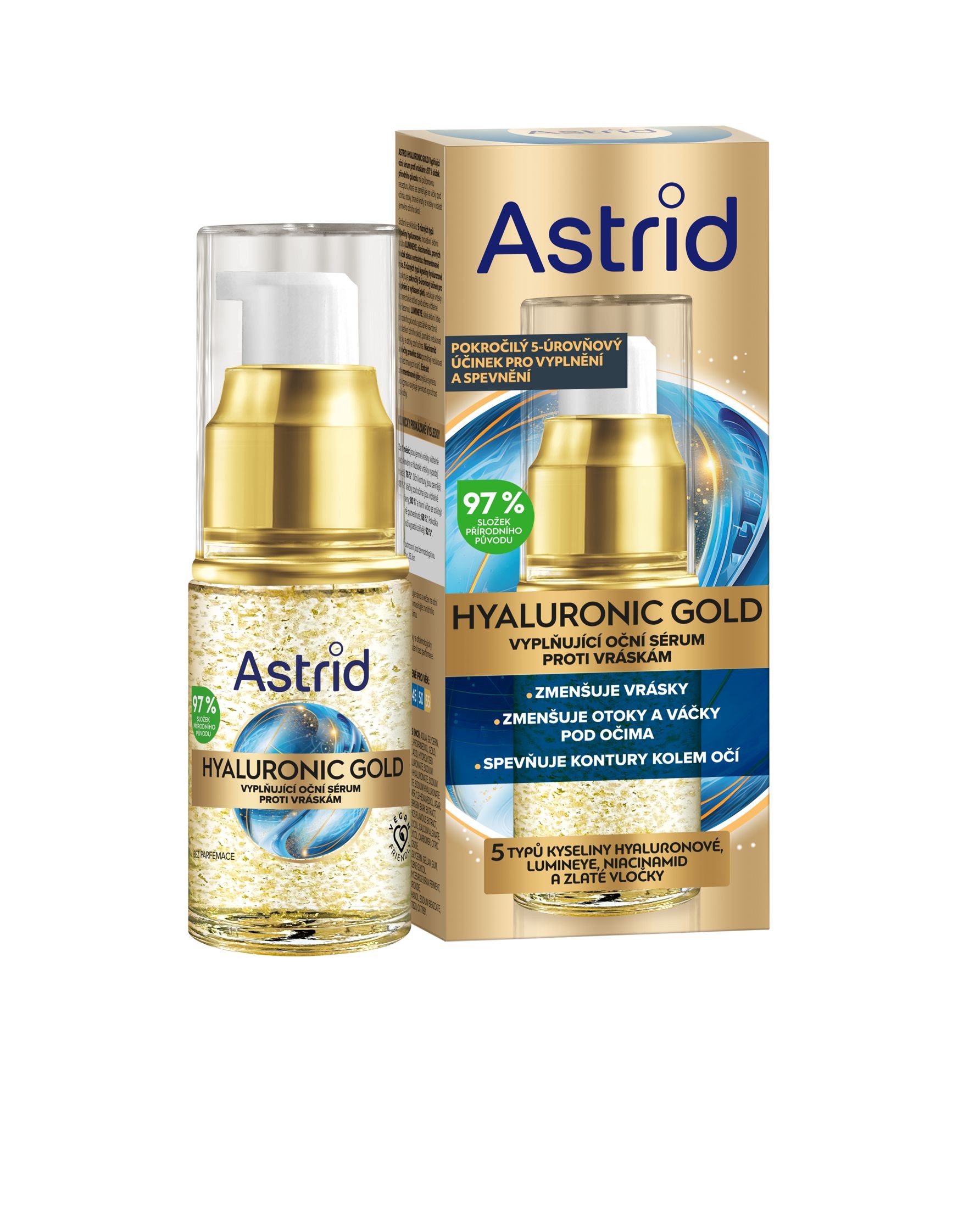 Drogerie a kosmetika - Astrid Hyaluronic Gold Vyplňující oční sérum s niacinamidem a zlatými vločkami 15ml