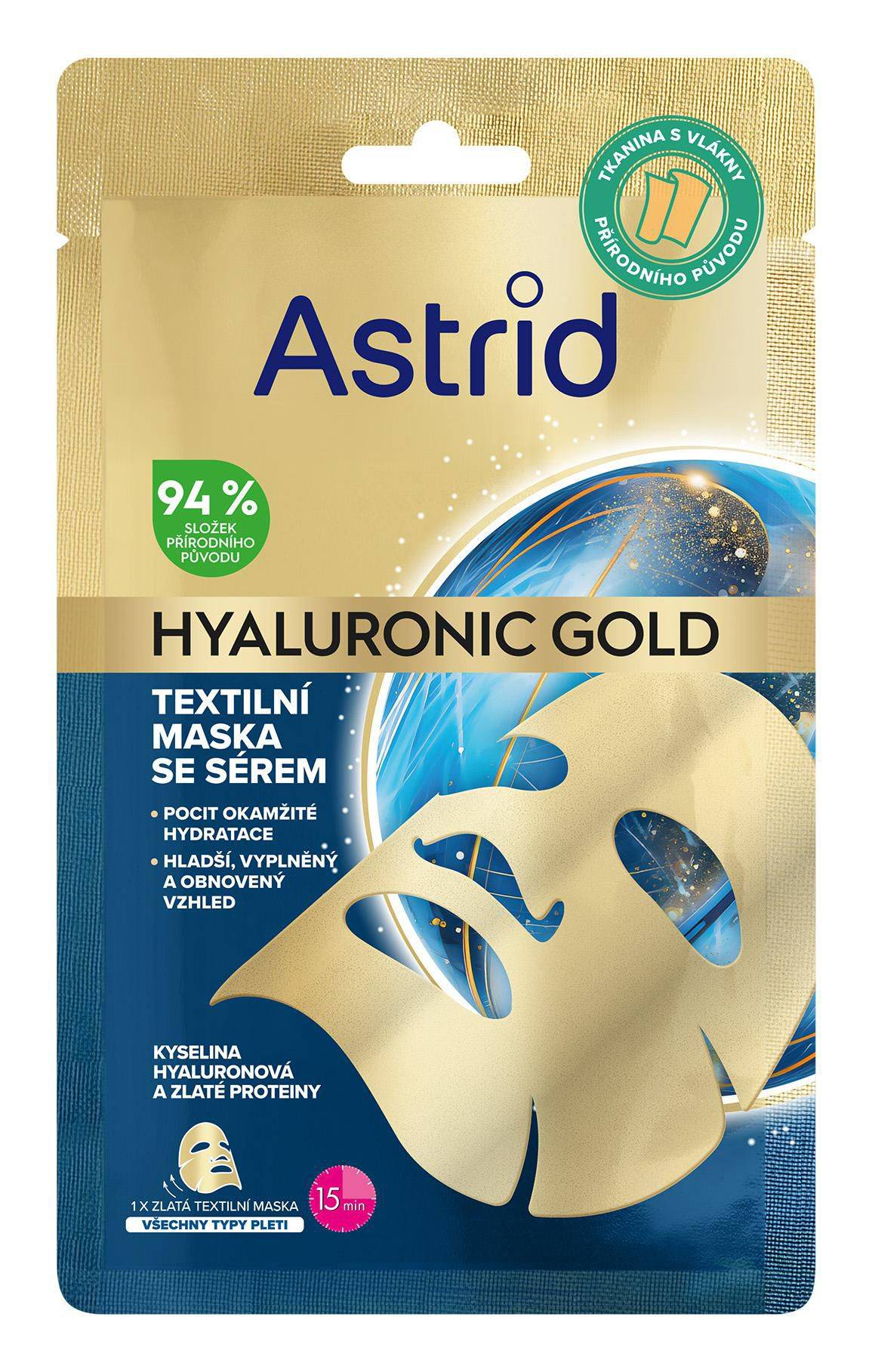 Drogerie a kosmetika - Astrid Hyaluronic Gold Zlatá textilní maska se zlatými proteiny pro hladší vzhled a obnovu objemu 1ks