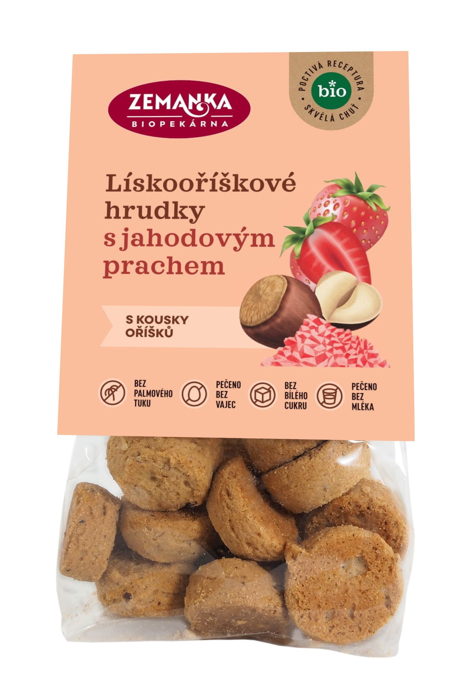 Zdravý svět - Biopekárna Zemanka Lískooříškové bio hrudky s jahodovým prachem 100g