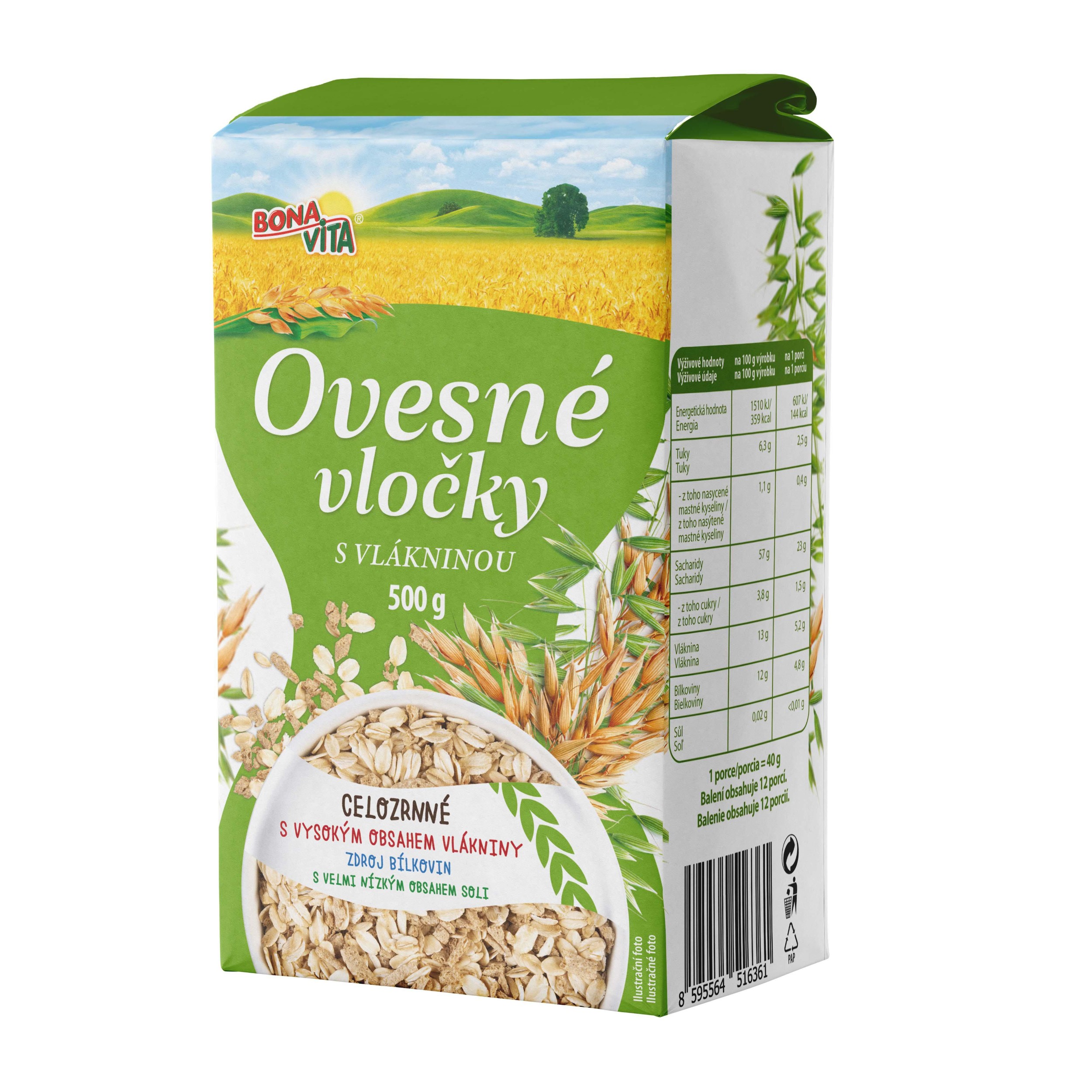 Trvanlivé potraviny - Bona Vita Ovesné vločky s vlákninou 500g