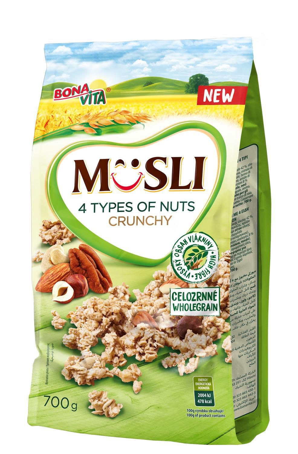 Trvanlivé potraviny - Bonavita Müsli crunchy 4 druhy ořechů celozrnné 700g