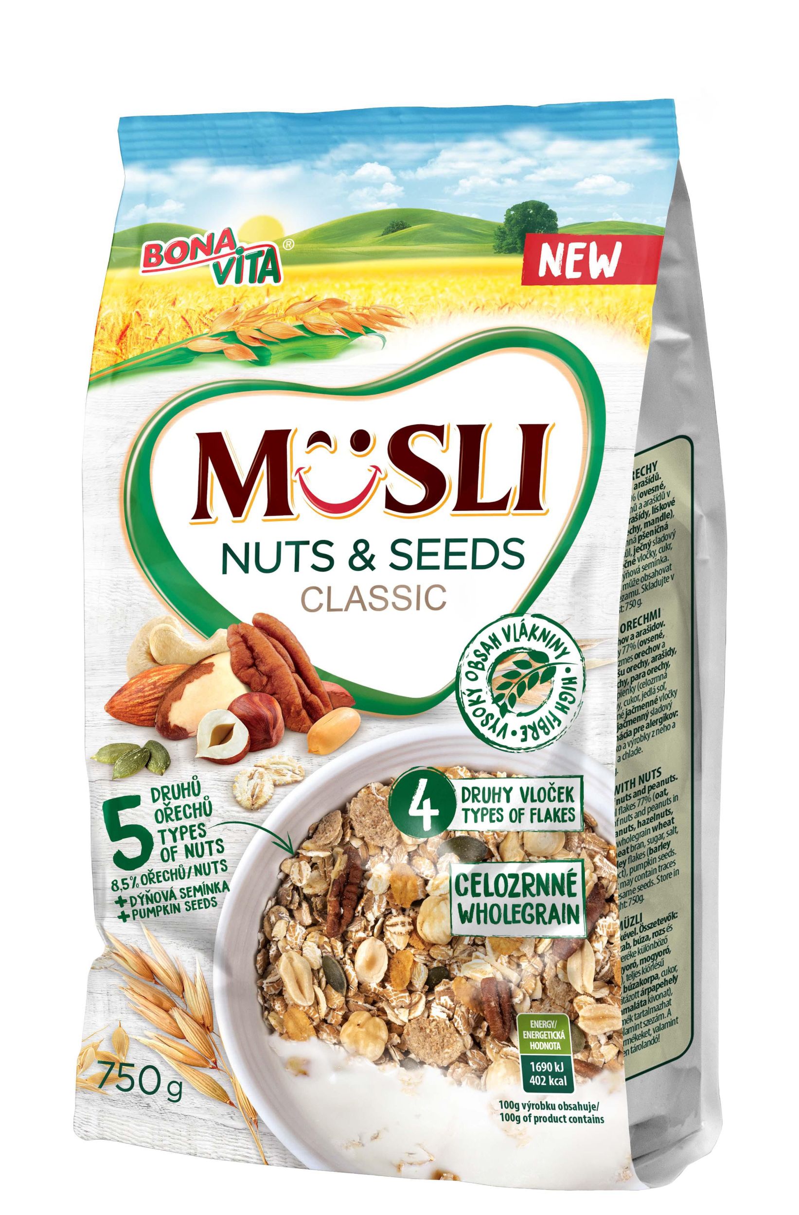 Trvanlivé potraviny - Bonavita Müsli sypané ořechy, semínka celozrnné 750g