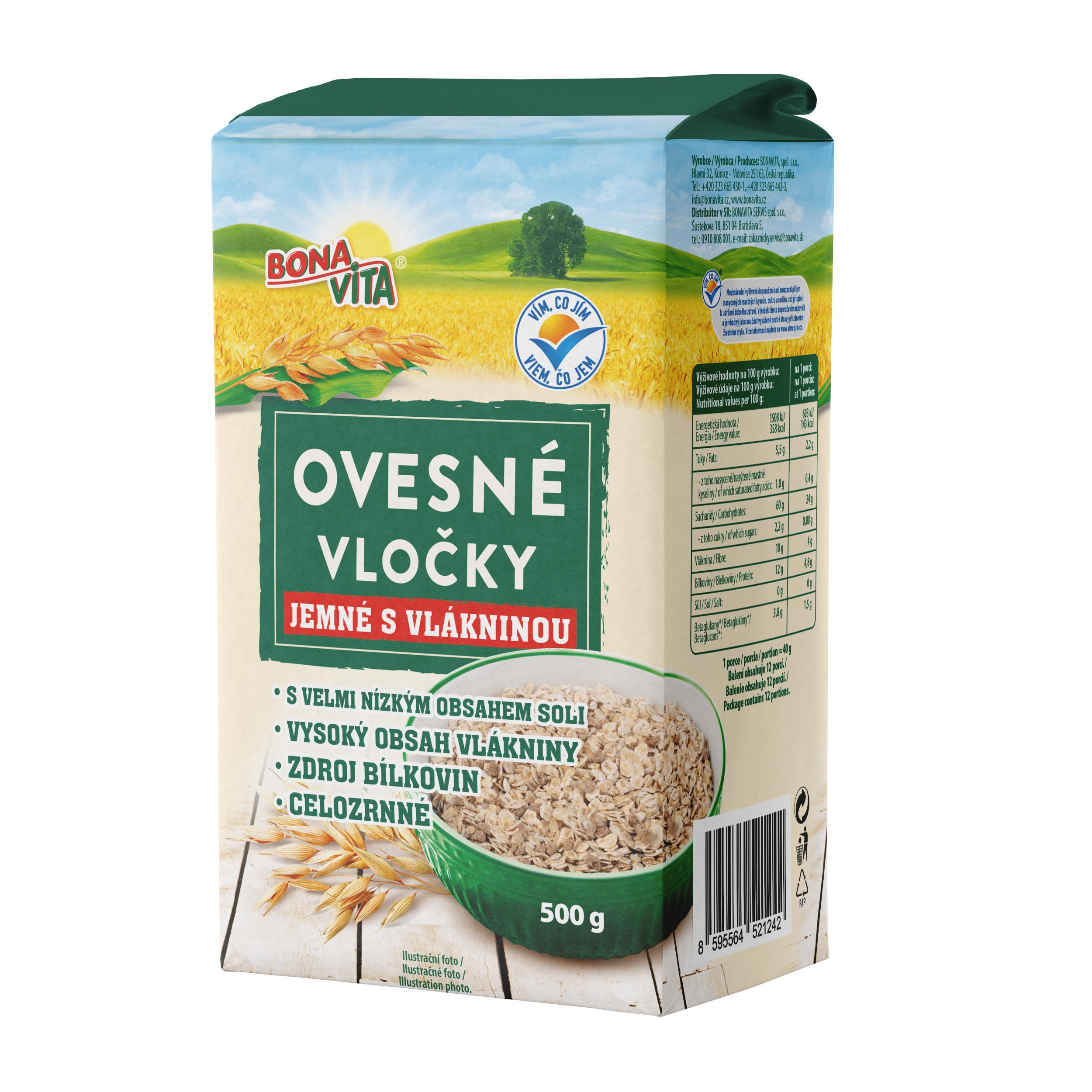Trvanlivé potraviny - Bonavita Ovesné vločky jemné s vlákninou 500g