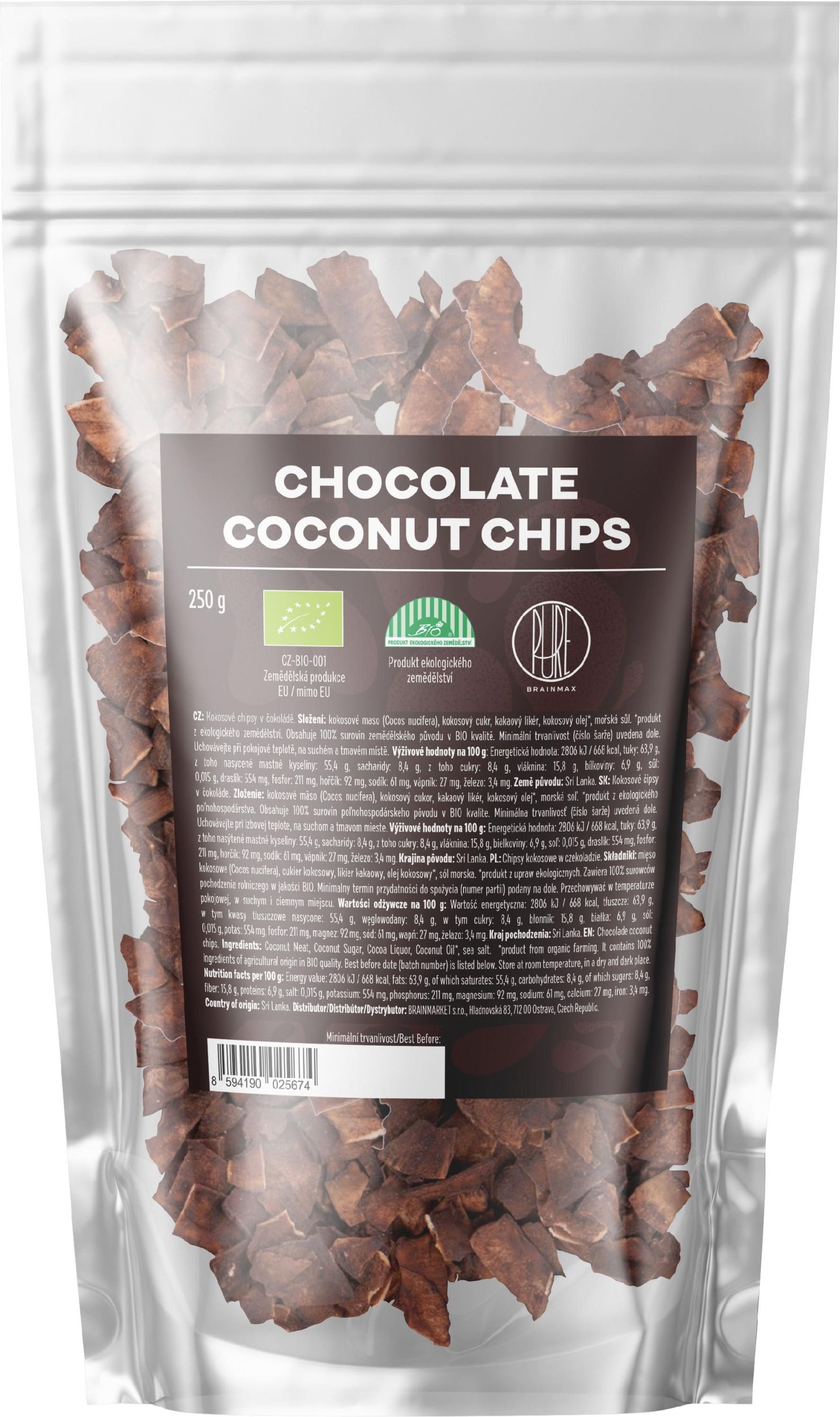 BrainMax Pure Chocolate Coconut chips, Kokosové chipsy v čokoládě, BIO, 250 g
