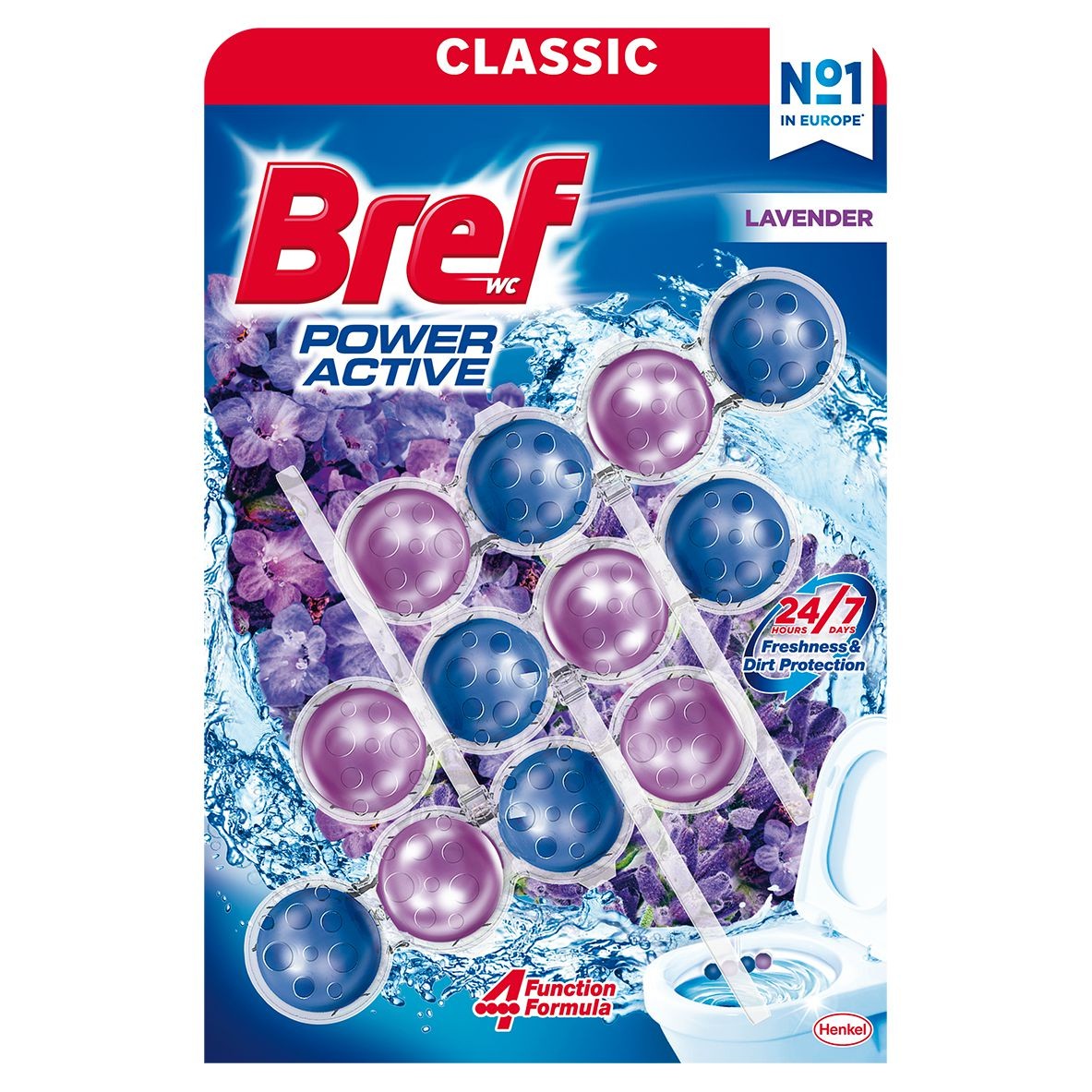 Drogerie a kosmetika - Bref Power Aktiv Fragrance Boost Lavender tuhý WC blok 3x50 g