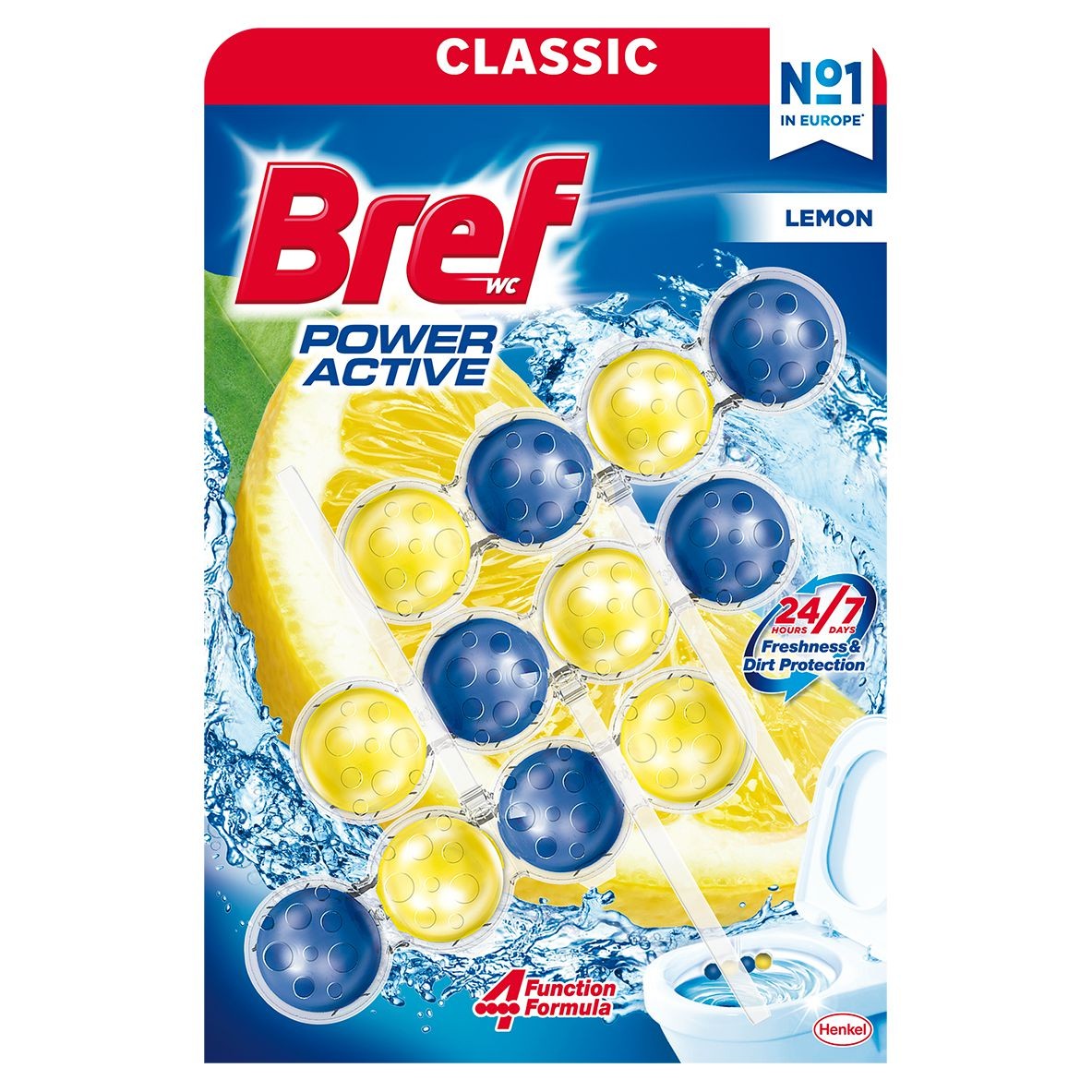 Drogerie a kosmetika - Bref Power Aktiv Fragrance Boost Lemon tuhý WC blok 3x50 g