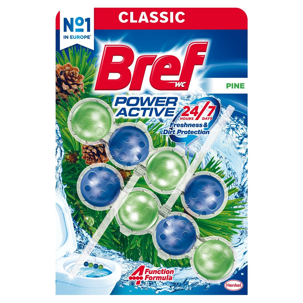 Drogerie a kosmetika - Bref Power Aktiv Fragrance Boost Pine tuhý WC blok 2x50 g