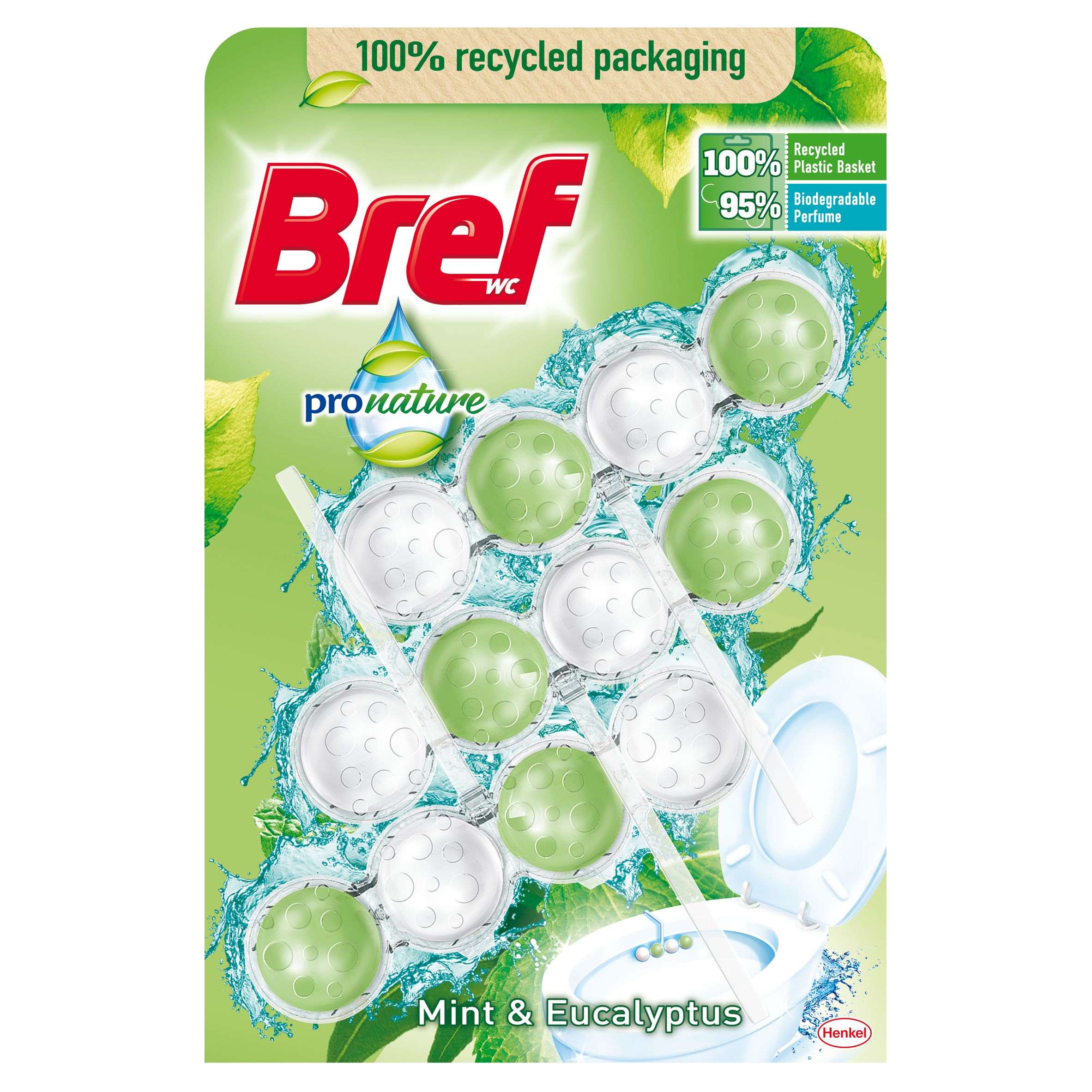 Drogerie a kosmetika - Bref Power Aktiv ProNature Mint Eucalyptus Tuhý WC blok 3x50 g