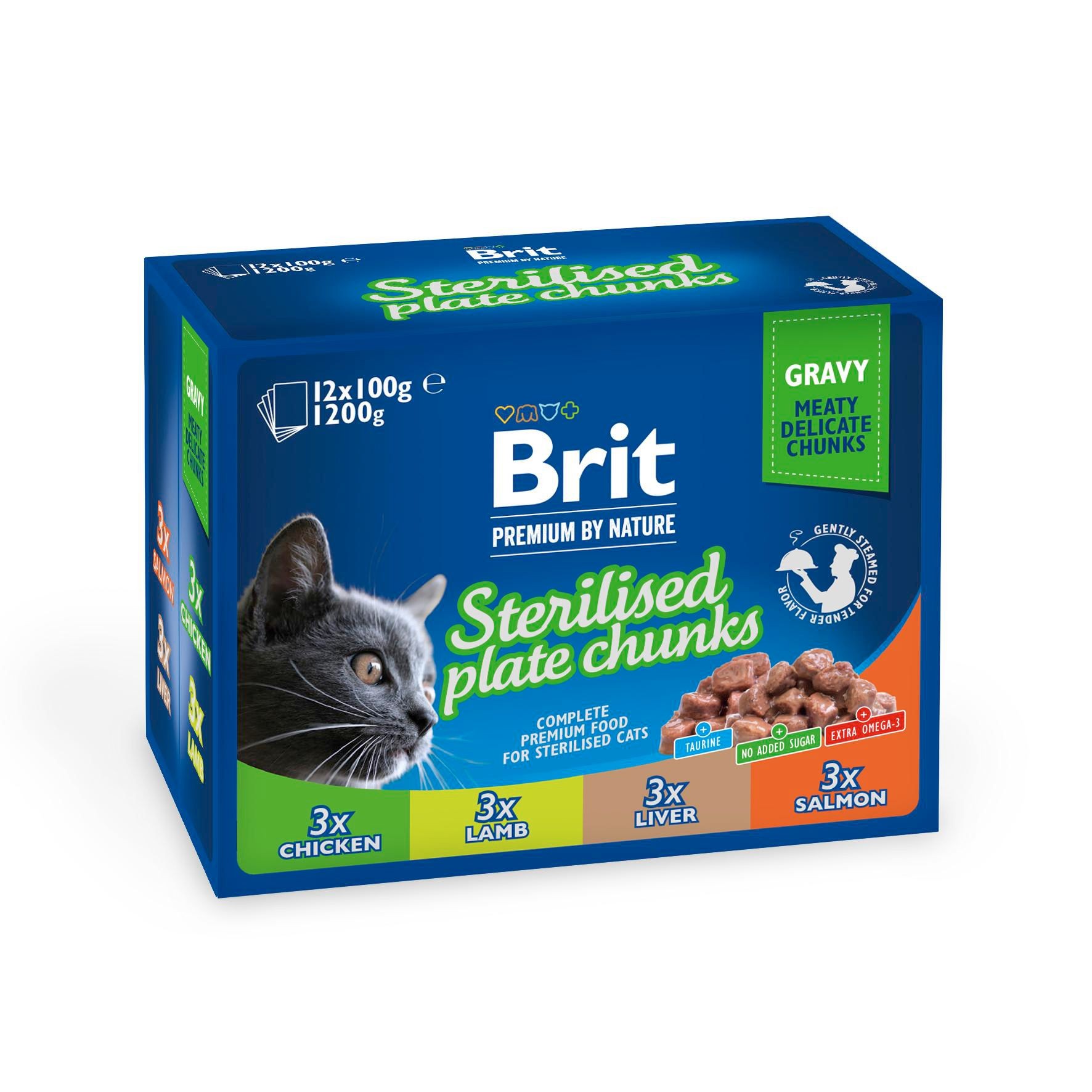 Svět zvířat - Brit Premium Cat Pouch Sterilised Plate 1200 g (12x100 g)