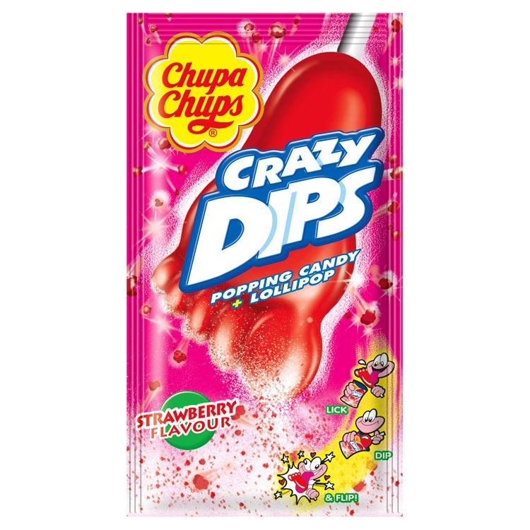 Trvanlivé potraviny - Chupa Chups Crazy Dips Drops s jahodovou příchutí s praskajicím práškem 14 g