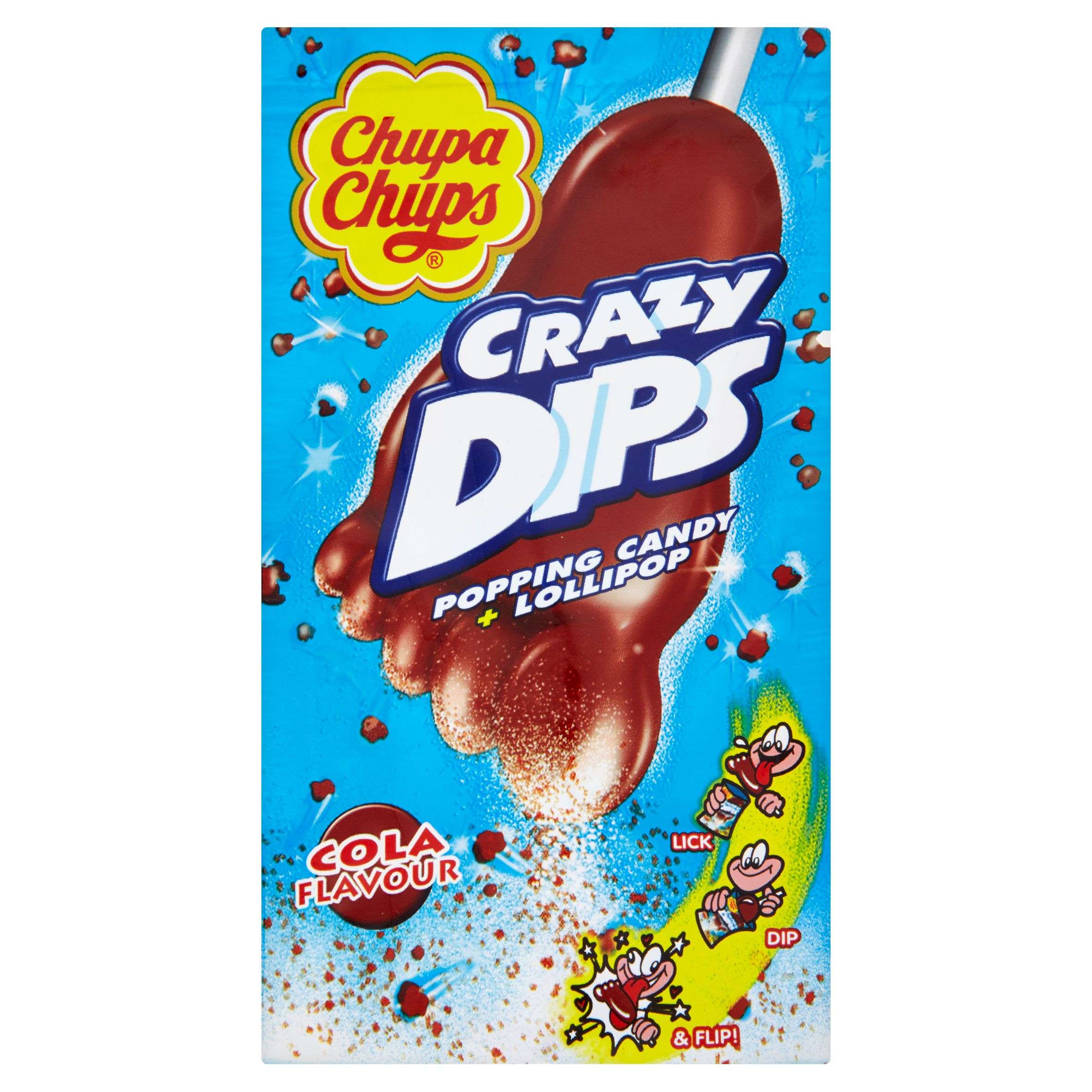 Trvanlivé potraviny - Chupa Chups Crazy Dips Drops s kolovou příchutí s praskajicím práškem 14 g