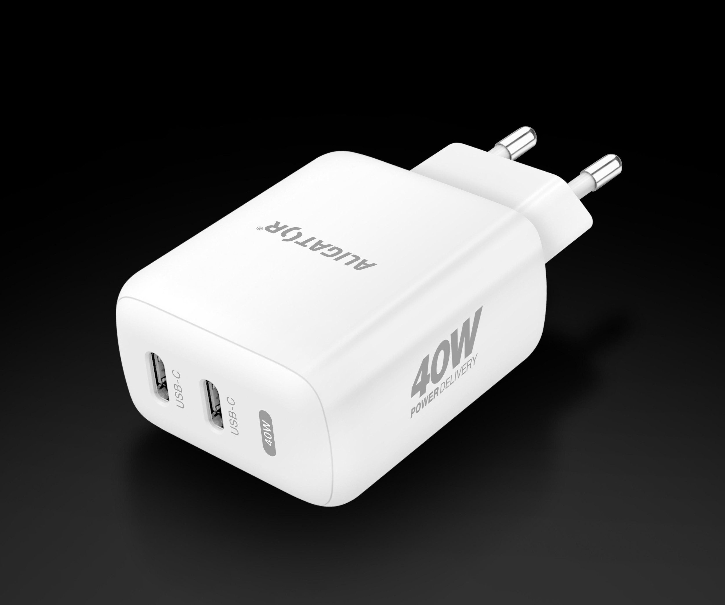 Elektro - Chytrá síťová nabíječka ALIGATOR Power Delivery 40W, 2xUSB-C, bílá