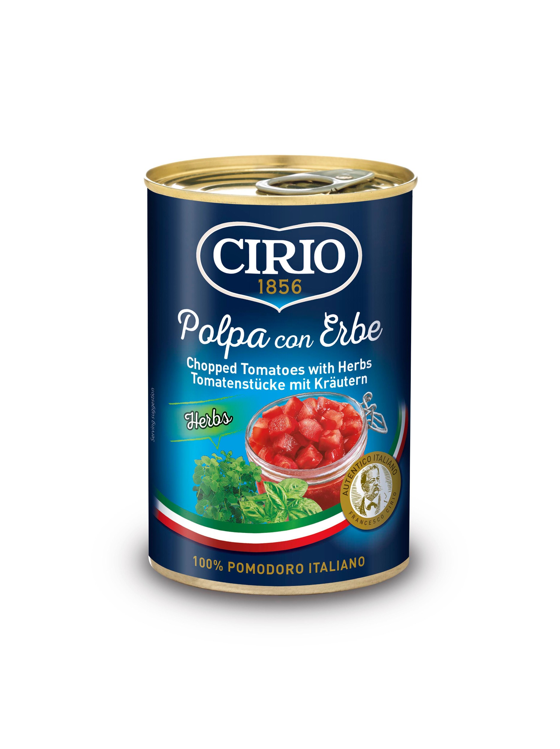 Trvanlivé potraviny - Cirio Rajčata loupaná krájená s bylinkami 400g