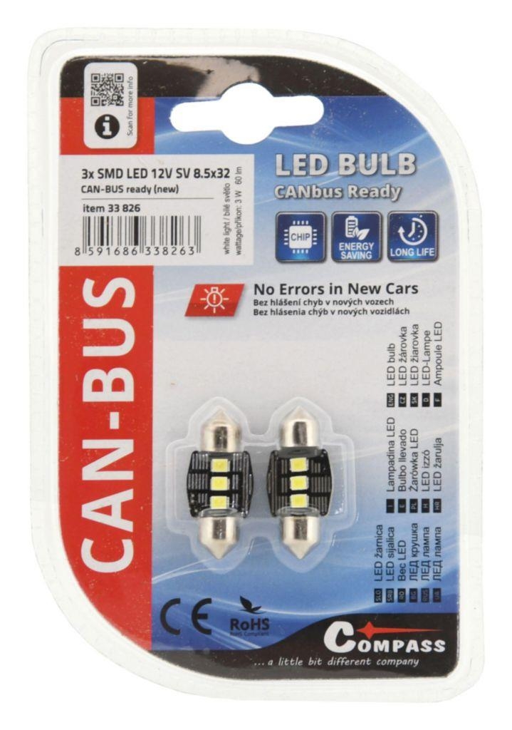 Auto-moto - Compass Žárovka 3 LED SMD 12V suf.11X32 SV8.5 New-Can-Bus bílá 2 ks