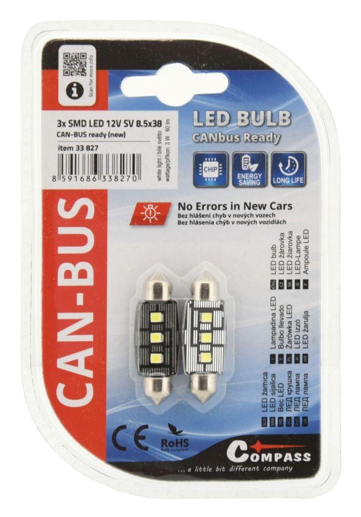 Auto-moto - Compass Žárovka 3 LED SMD 12V suf.11X38 SV8.5 New-Can-Bus bílá 2 ks
