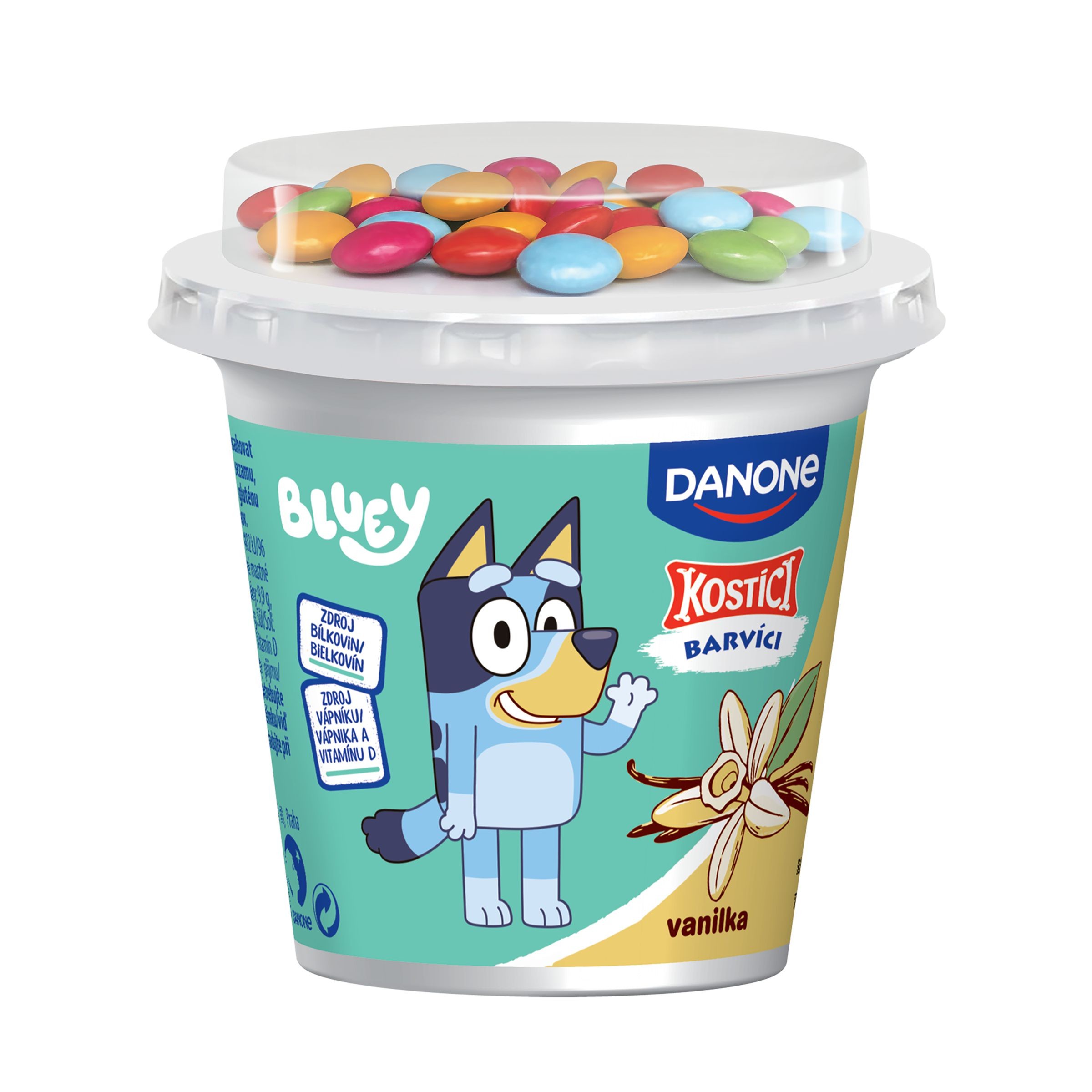 Mléčné a chlazené - Danone Kostíci Barvíci Jogurt vanilkový a čokoládové dražé 109g