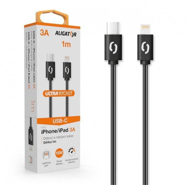 Elektro - Datový kabel Aligator Power 3A, USB-C/Lightning, 1m černý