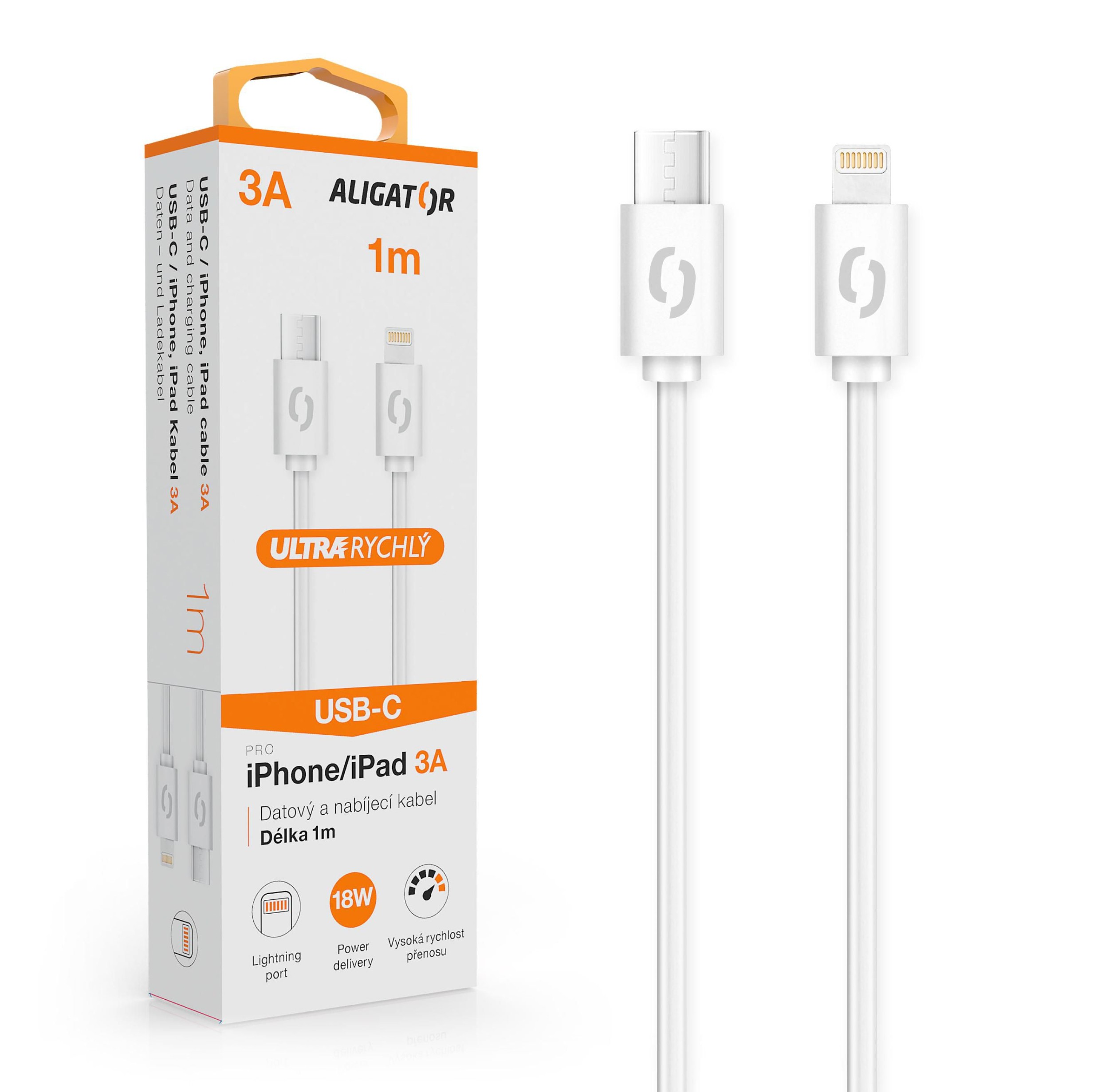 Elektro - Datový kabel Aligator POWER 3A USB-C/lightning bílý