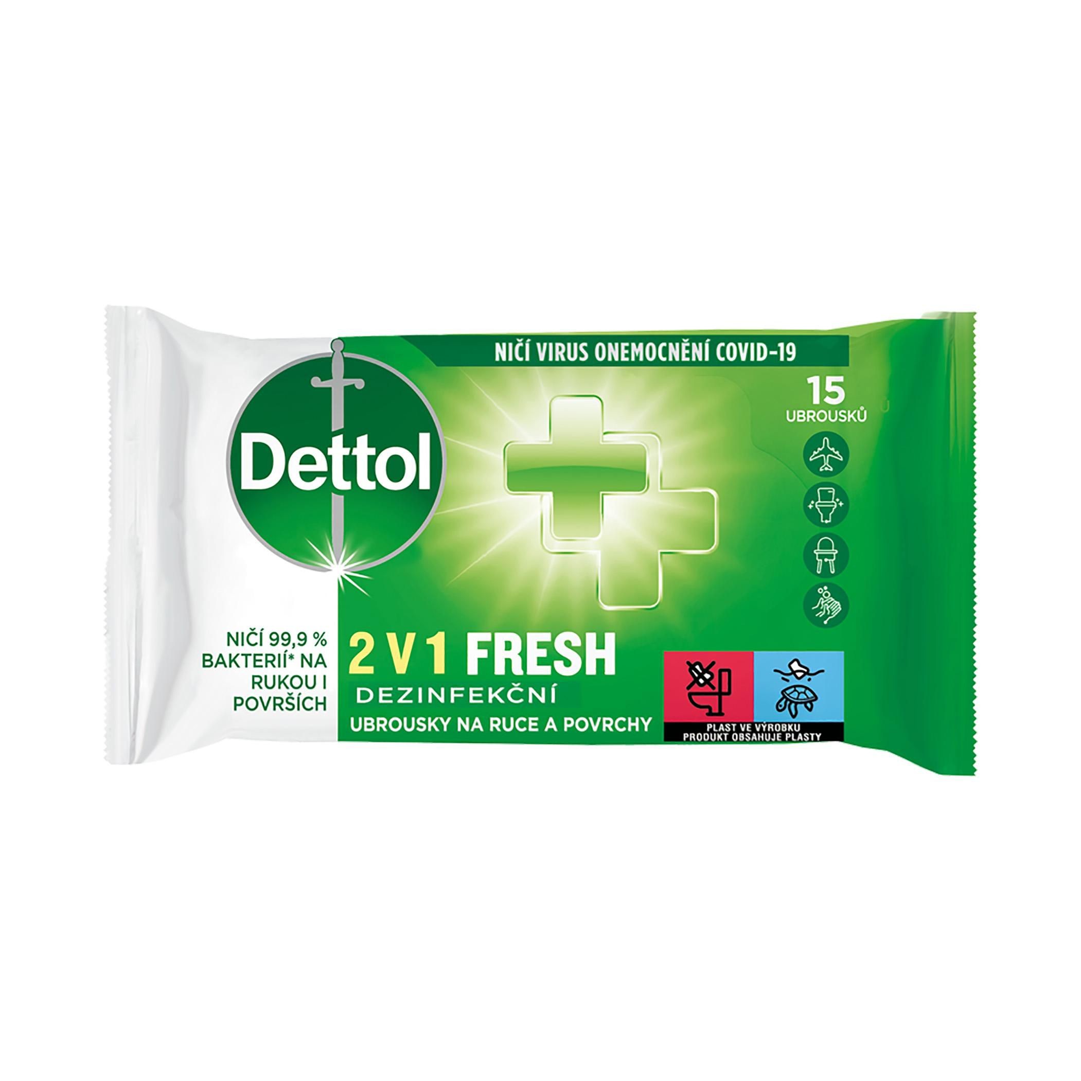 Drogerie a kosmetika - Dettol Dezinfekční ubrousky 2v1 na ruce a povrchy 15 ks