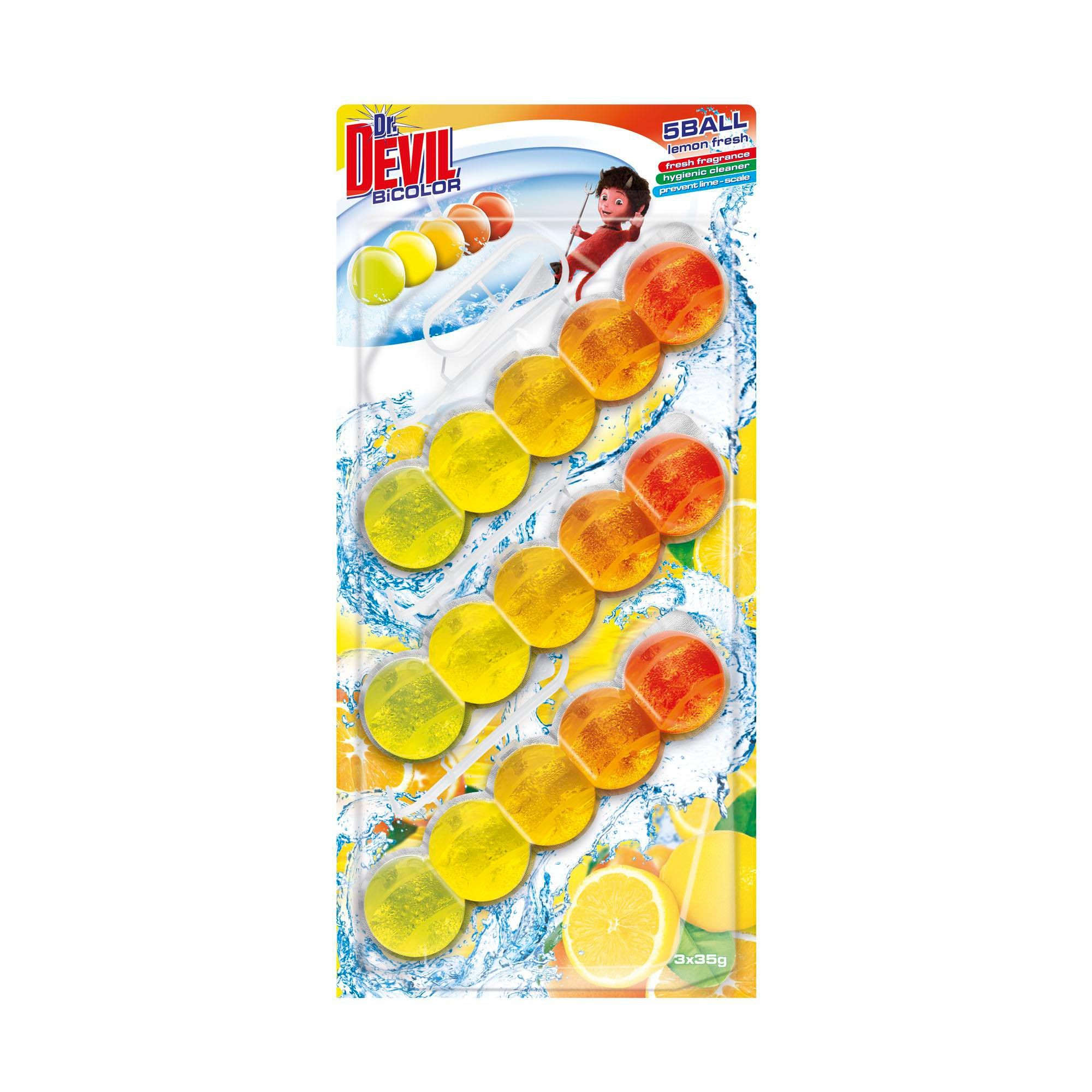 Drogerie a kosmetika - Dr.Devil Bicolor Lemon Fresh 5ball Závěsný WC blok 3x35 g