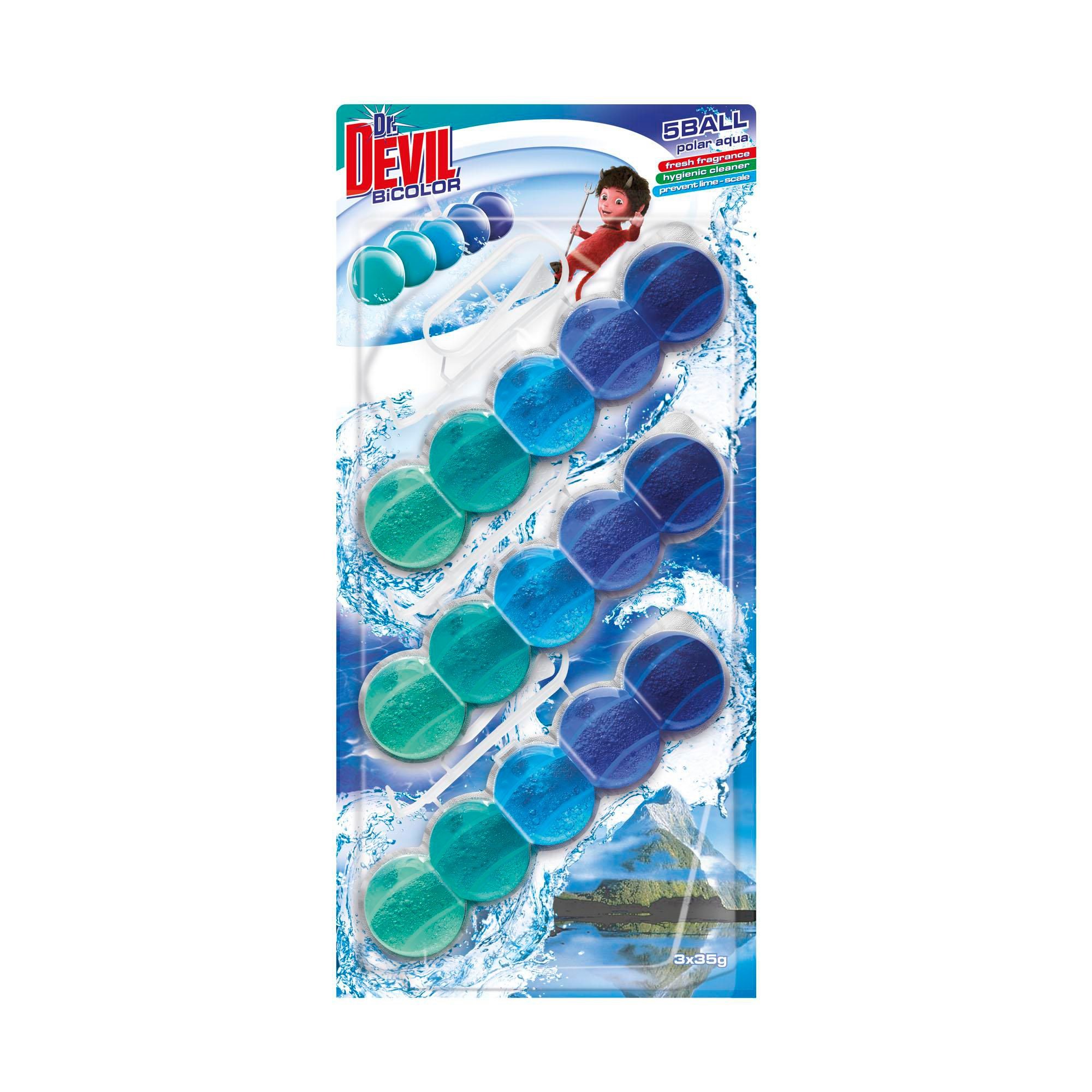 Drogerie a kosmetika - Dr.Devil Bicolor Polar Aqua 5ball Závěsný WC blok 3x35 g