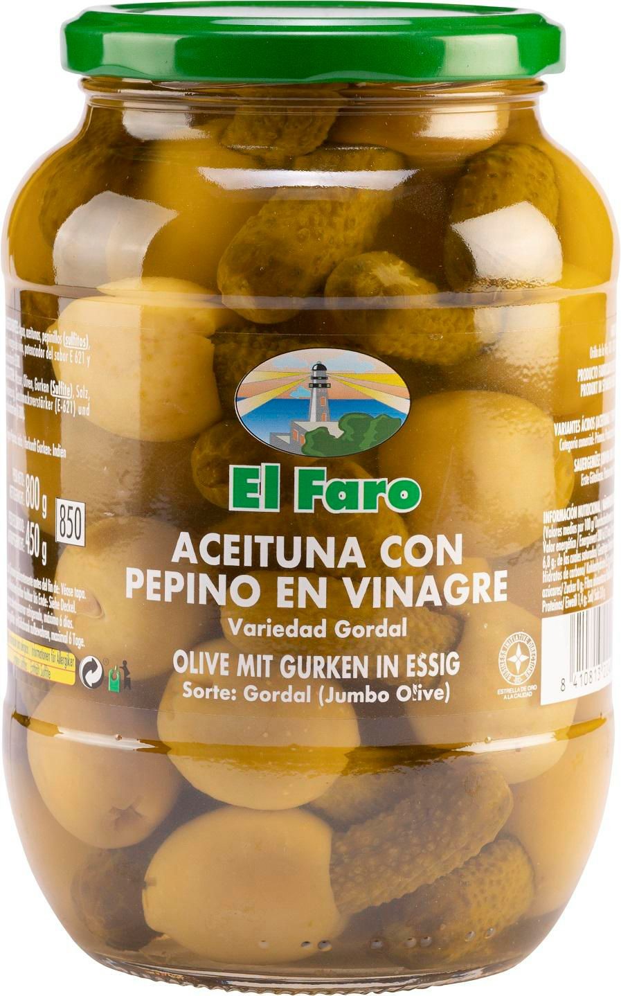 Trvanlivé potraviny - El Faro Královské zelené olivy plněné okurkou 850ml