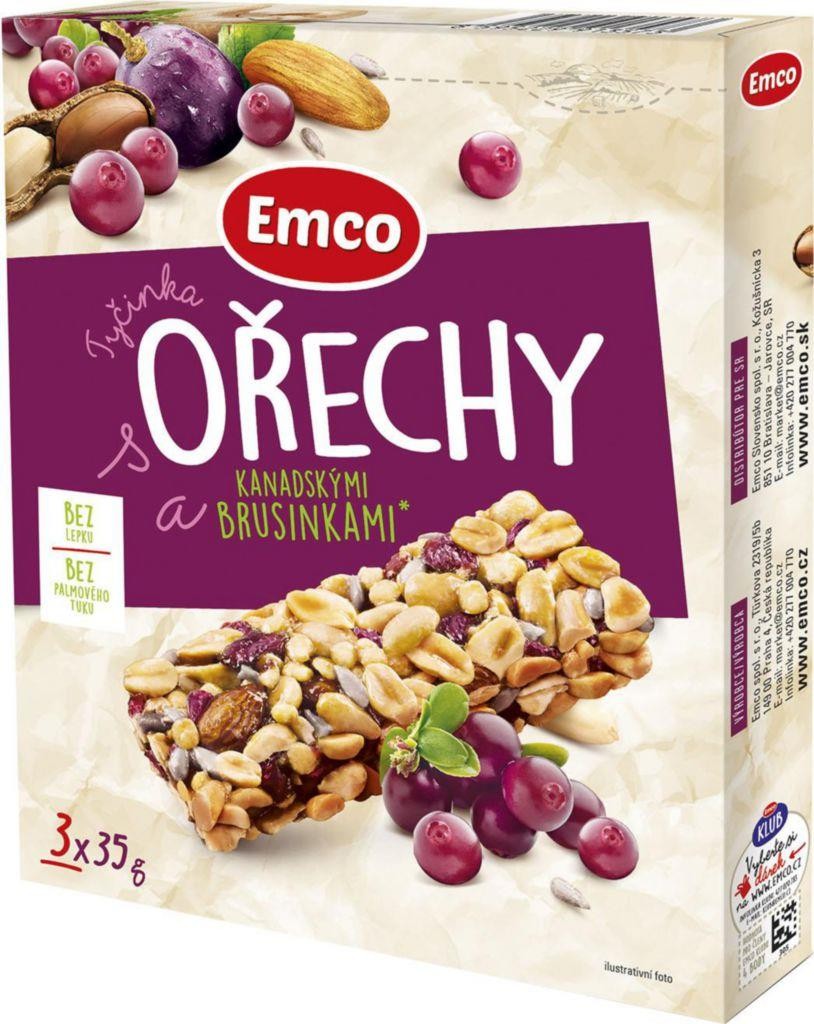 Trvanlivé potraviny - Emco Oříškové tyčinky ořechy a kanadské brusinky 3x35 g