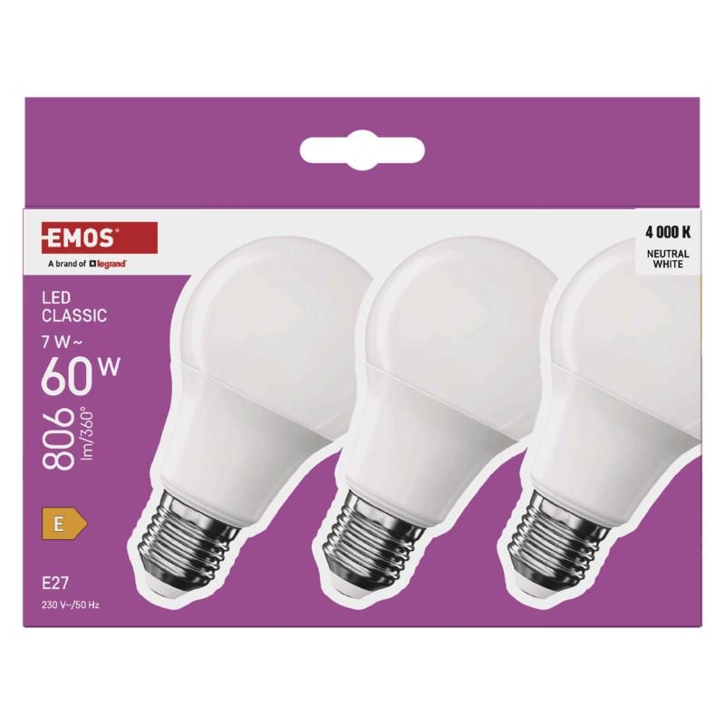 Elektro - Emos LED CLS A60 7W(60W) 806lm E27 NW 3PC