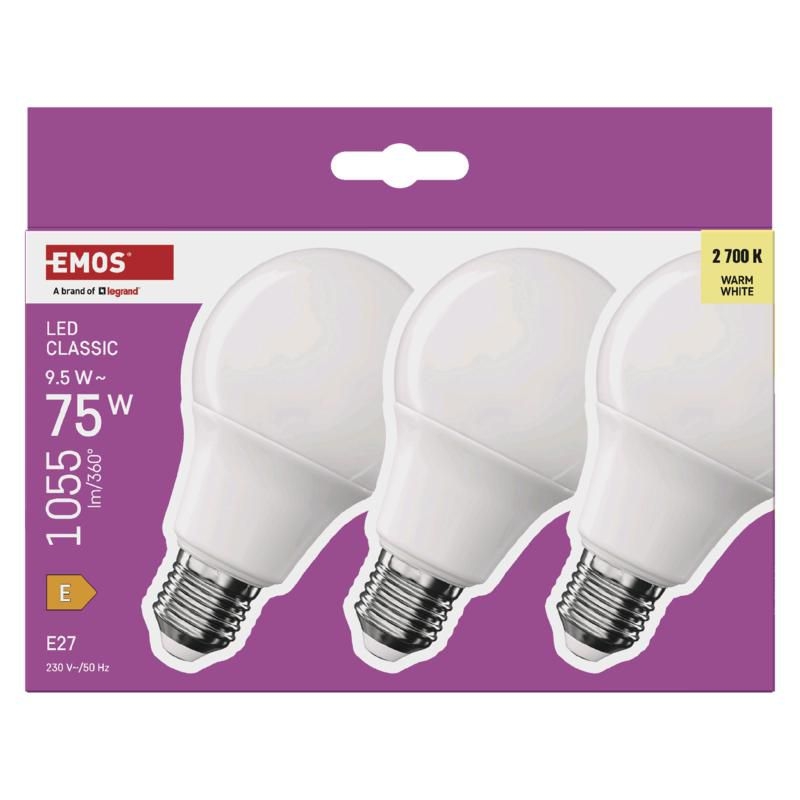 Elektro - Emos LED CLS A60 9,5W(75W) 1055lm E27 WW 3PC
