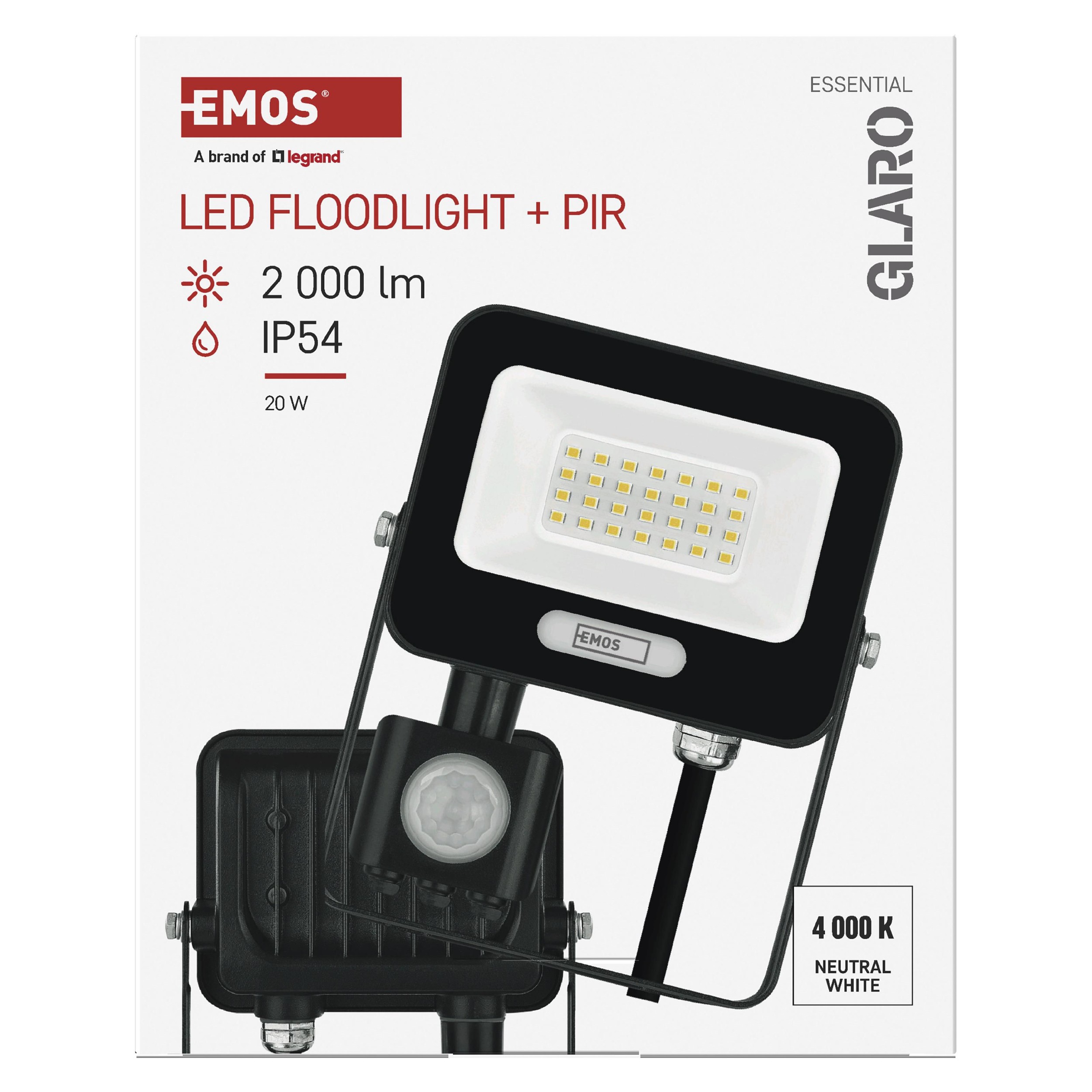 EMOS LED reflektor GLARO s pohybovým čidlem, 20 W, černý, IP54, 2000 lm, neutrální bílá