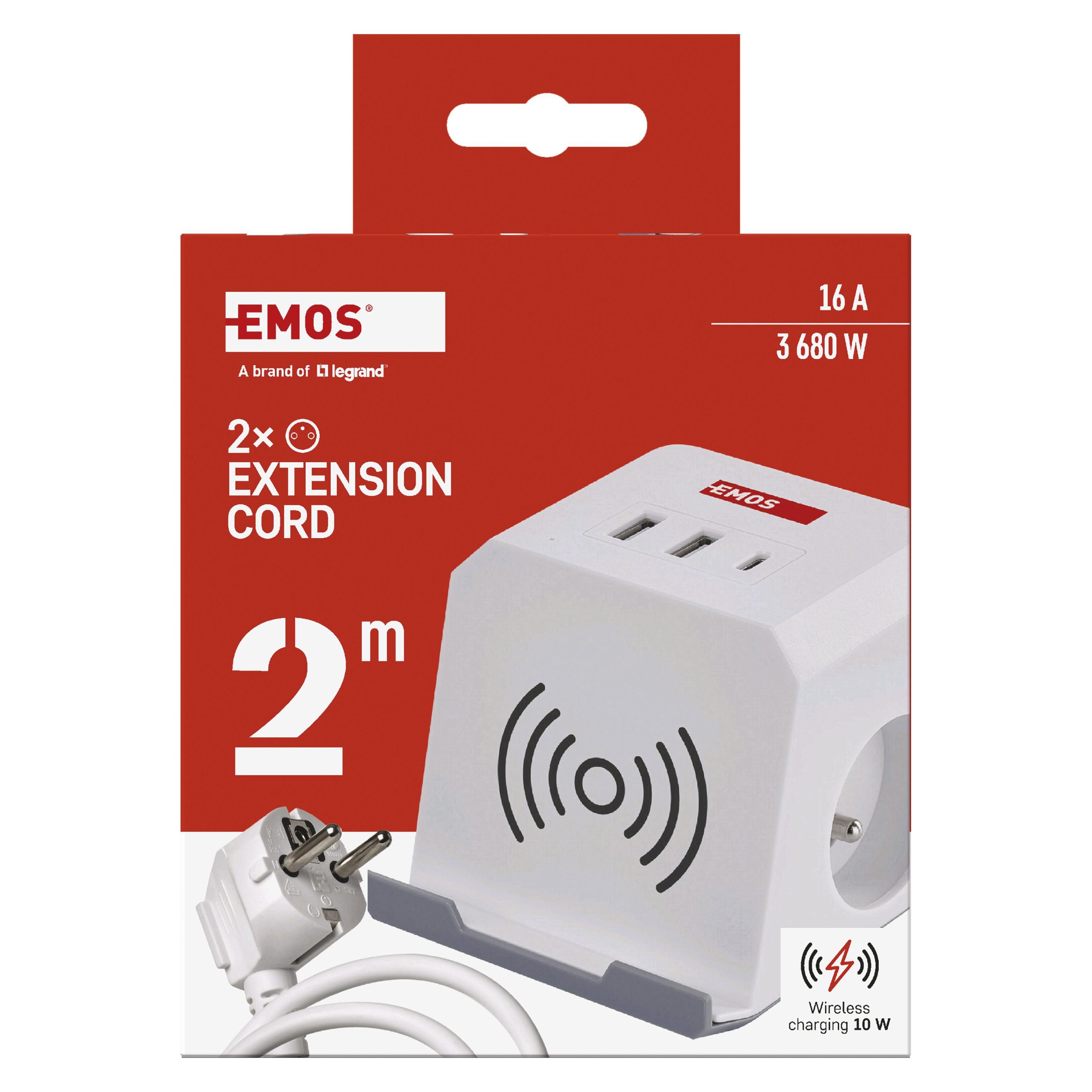 Emos Prodlužovací kabel - kostka 2 m / 2 zásuvky / bílý / 2×USB-A + 1×USB-C+Qi / 1,5 mm2-1